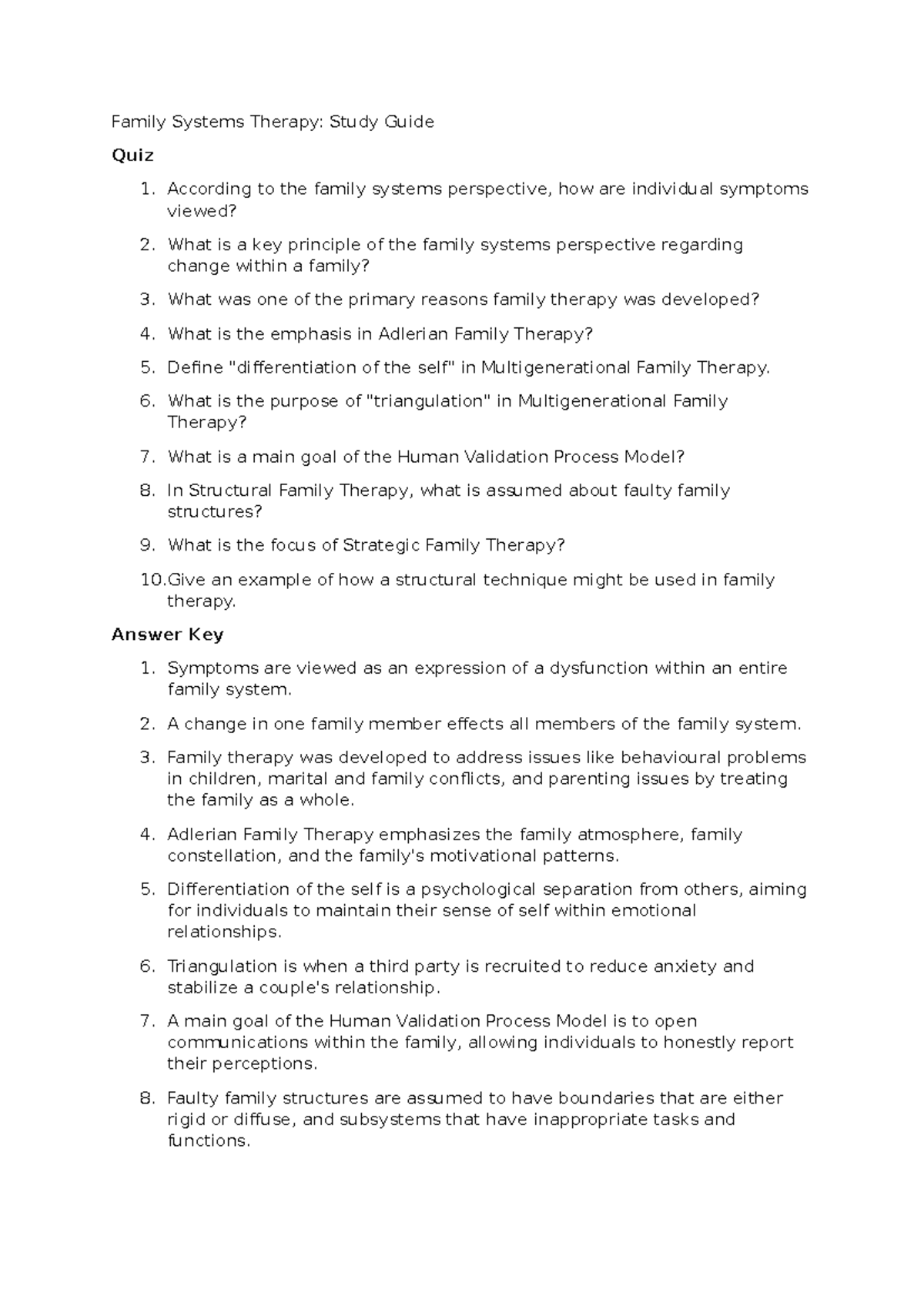PSYC342 Family Systems Therapy: Study Guide for Quiz 1 - Studocu