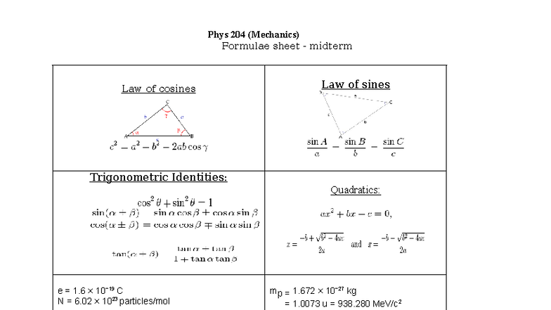 Phys 204 Midterm Formulae Sheet: Mechanics & Trigonometry - Studocu