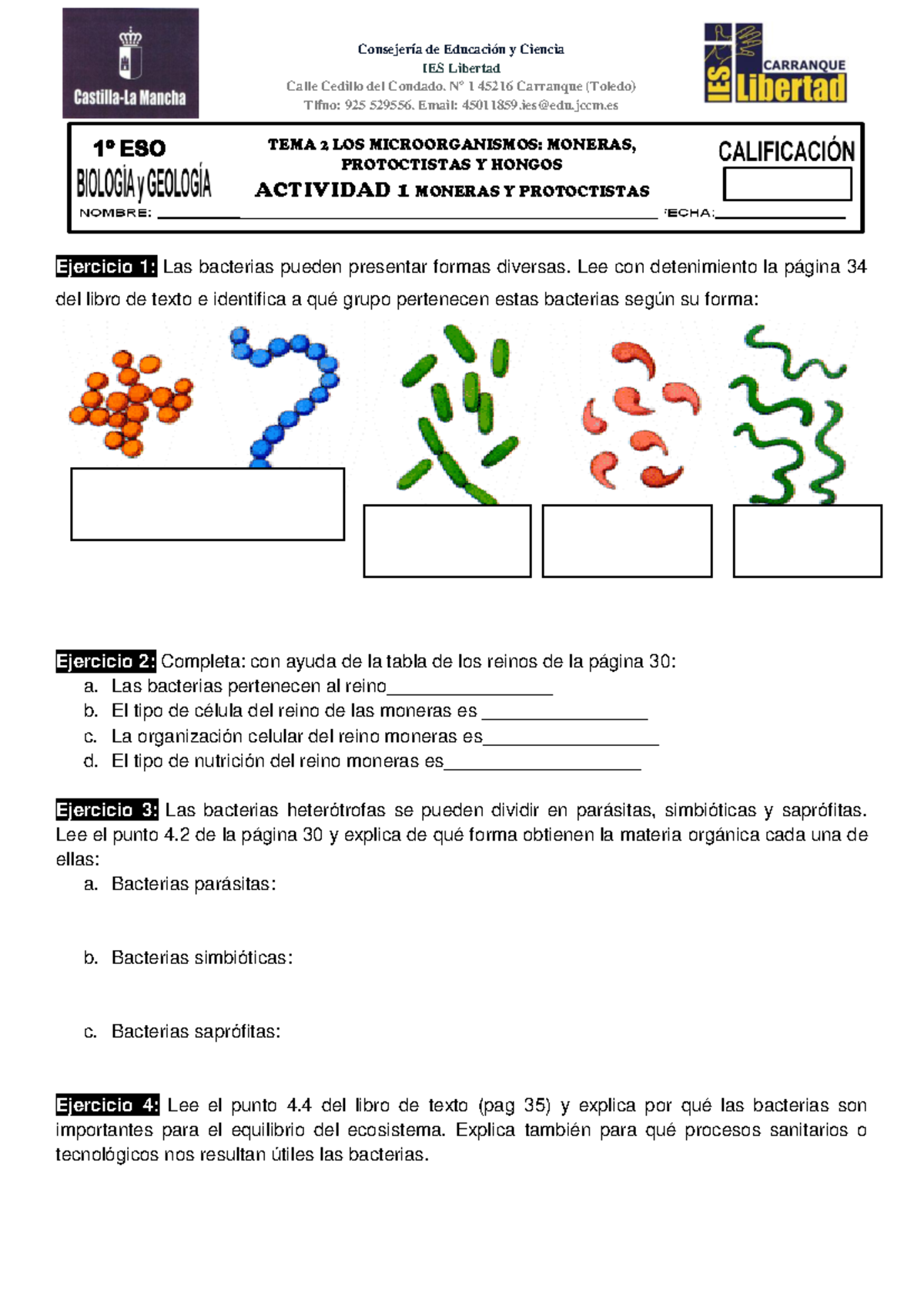 Actividad 1: Moneras y Protoctistas - 1º ESO - Studocu