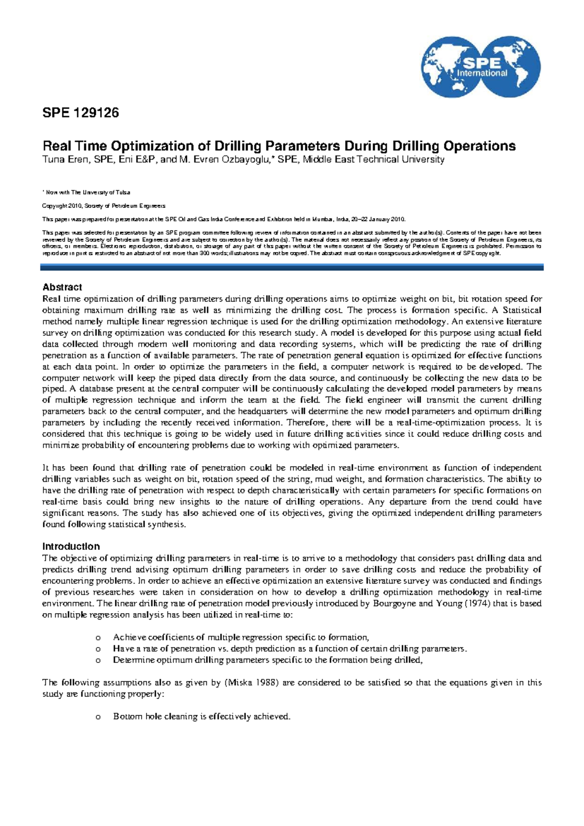 SPE 129126 Real Time Optimization of Drilling Parameters in Operations ...