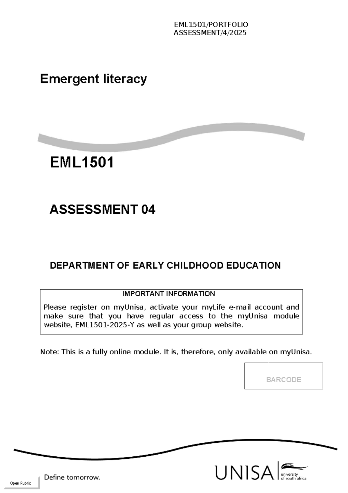 Emergent Literacy EML1501 Assessment 04: Guidelines & Requirements ...