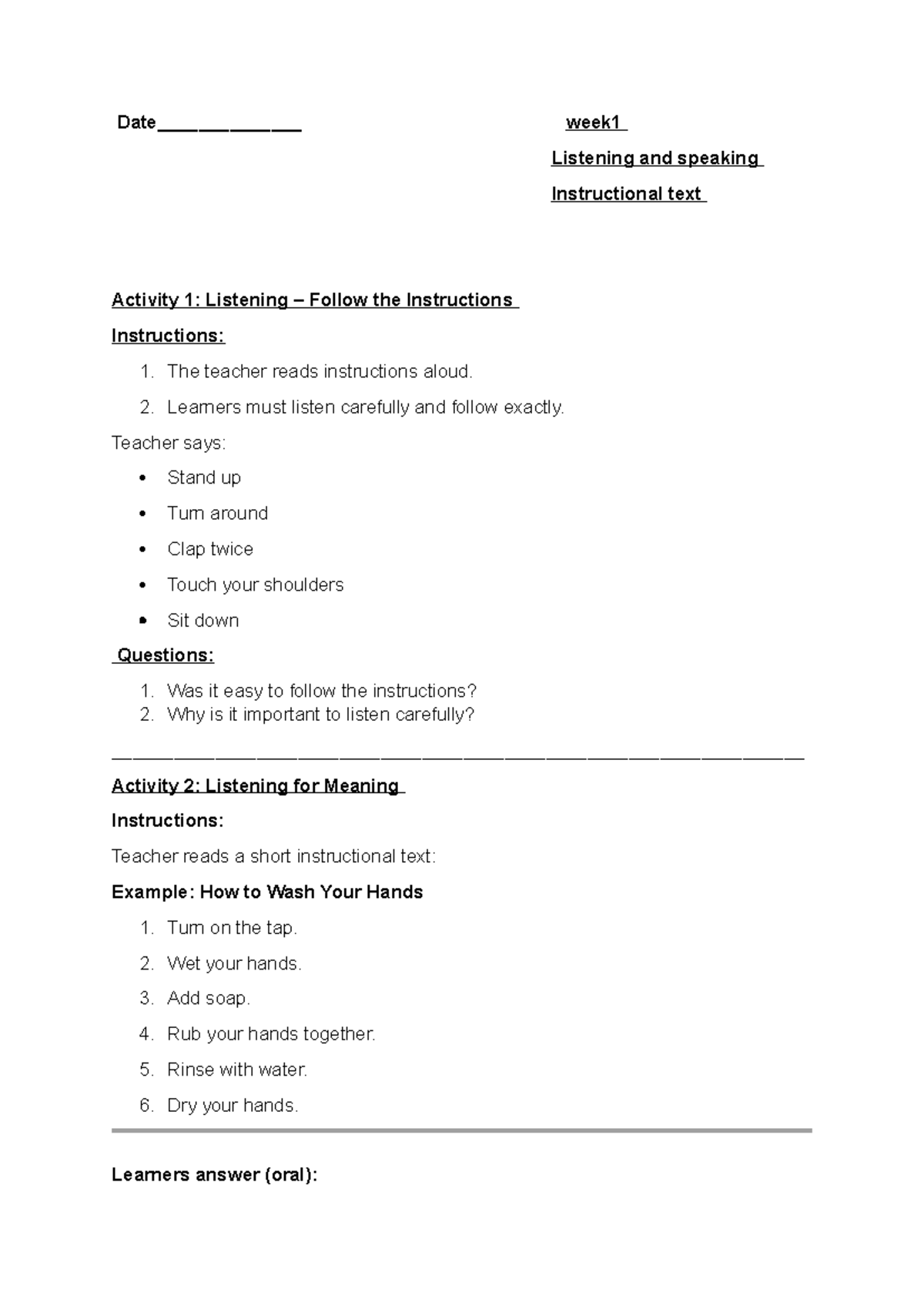 Term 2 Week 1: Listening & Speaking Instructional Text Activities - Studocu