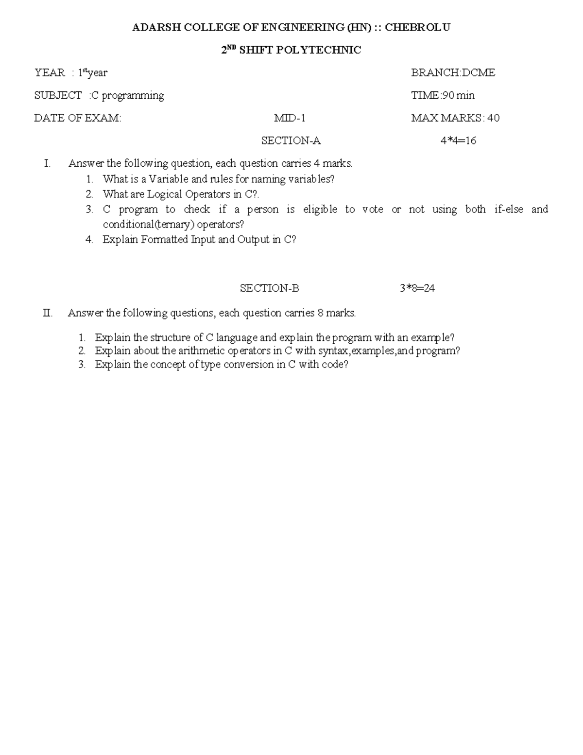 C Programming Exam Notes for DCME - 1st Year (40 Marks) - Studocu
