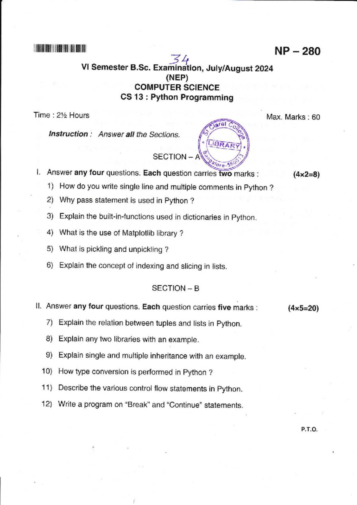 34CS13 Python Programming Midterm Exam Notes - July/Aug 2024 - Studocu
