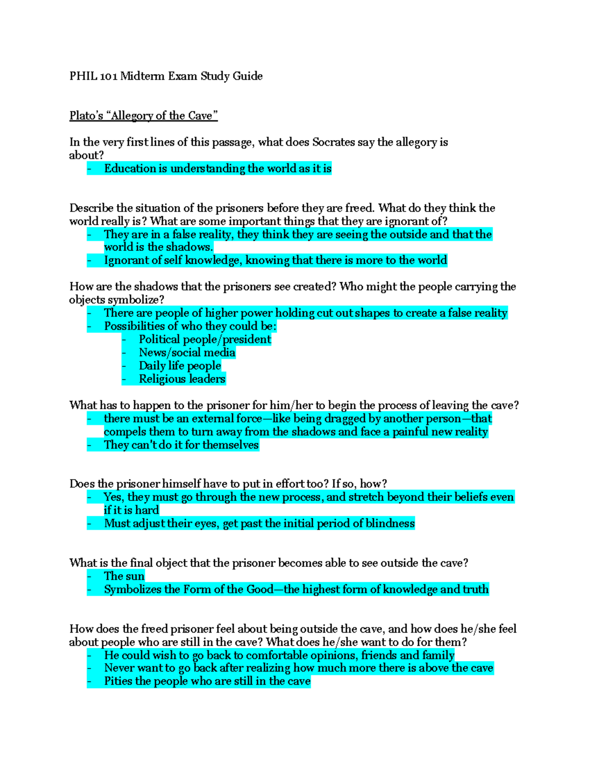 PHIL 101 Midterm Exam Study Guide: Insights on Plato's Allegory - Studocu