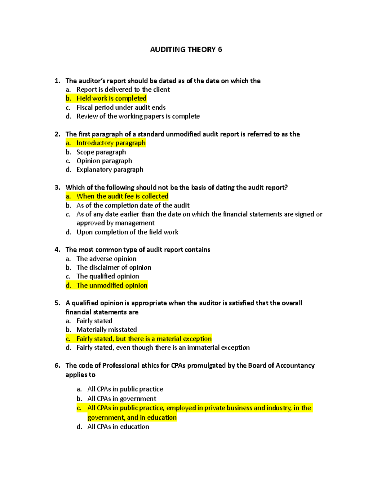 Auditing Theory 6 - Multiple Choice Questions & Answers for Review ...