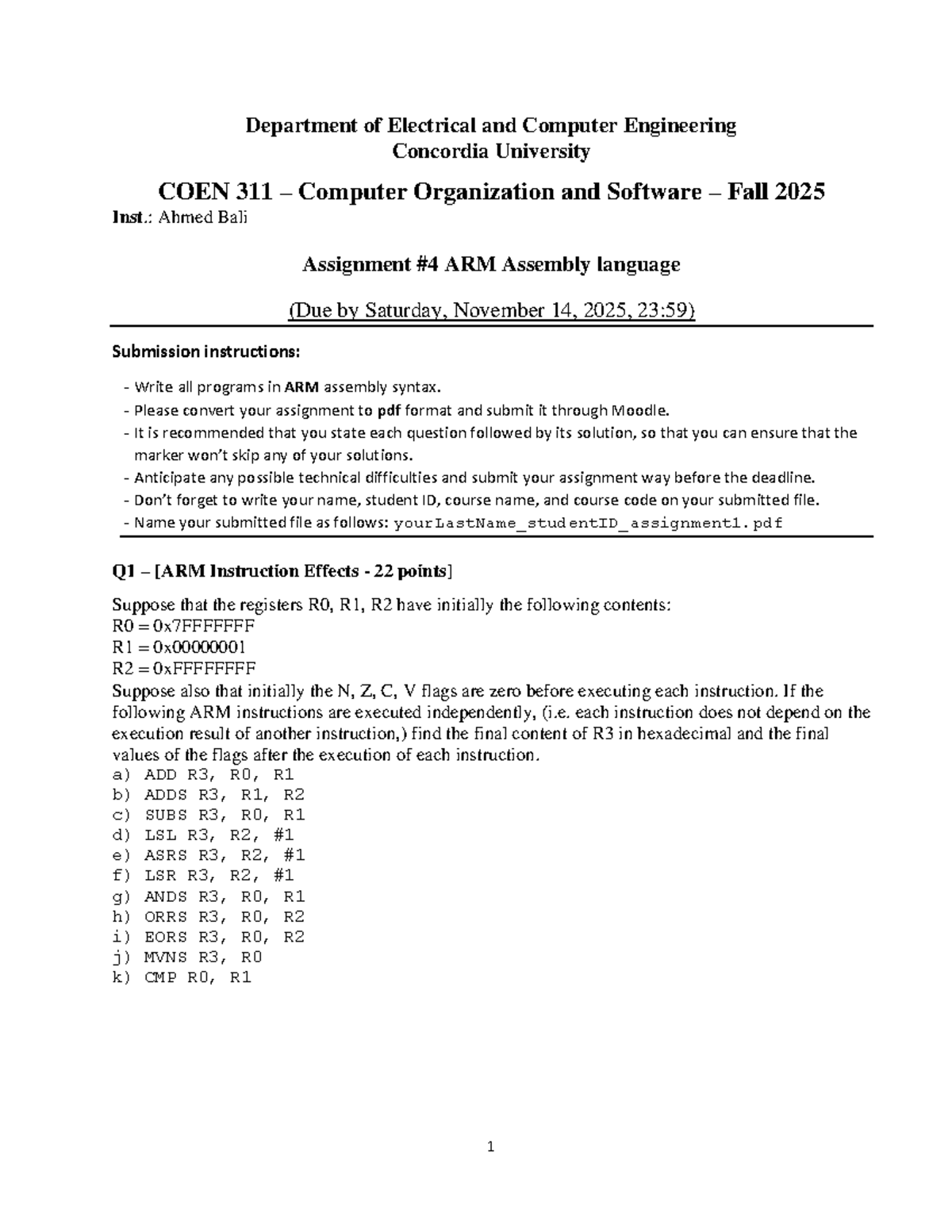 Assignment 4 - COEN 311: ARM Assembly Language Tasks (Fall 2025) - Studocu