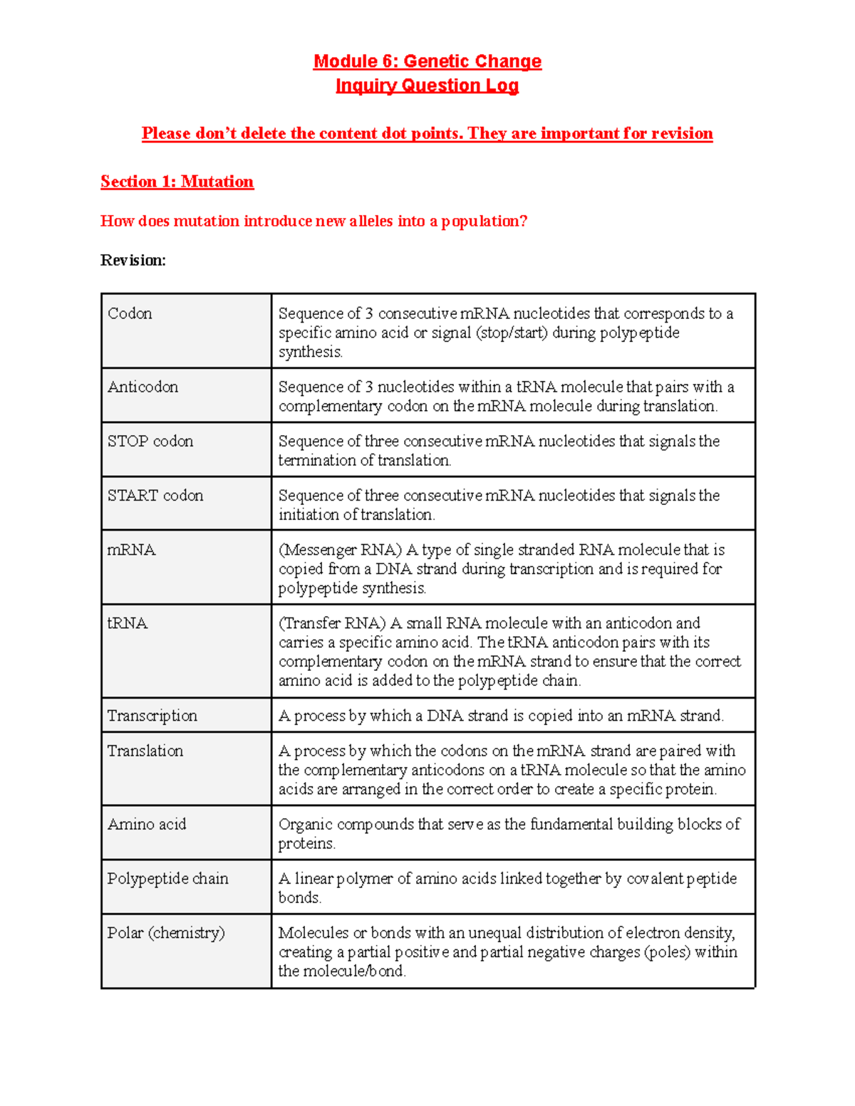 Module 6: Genetic Change Inquiry & Revision Notes - Studocu