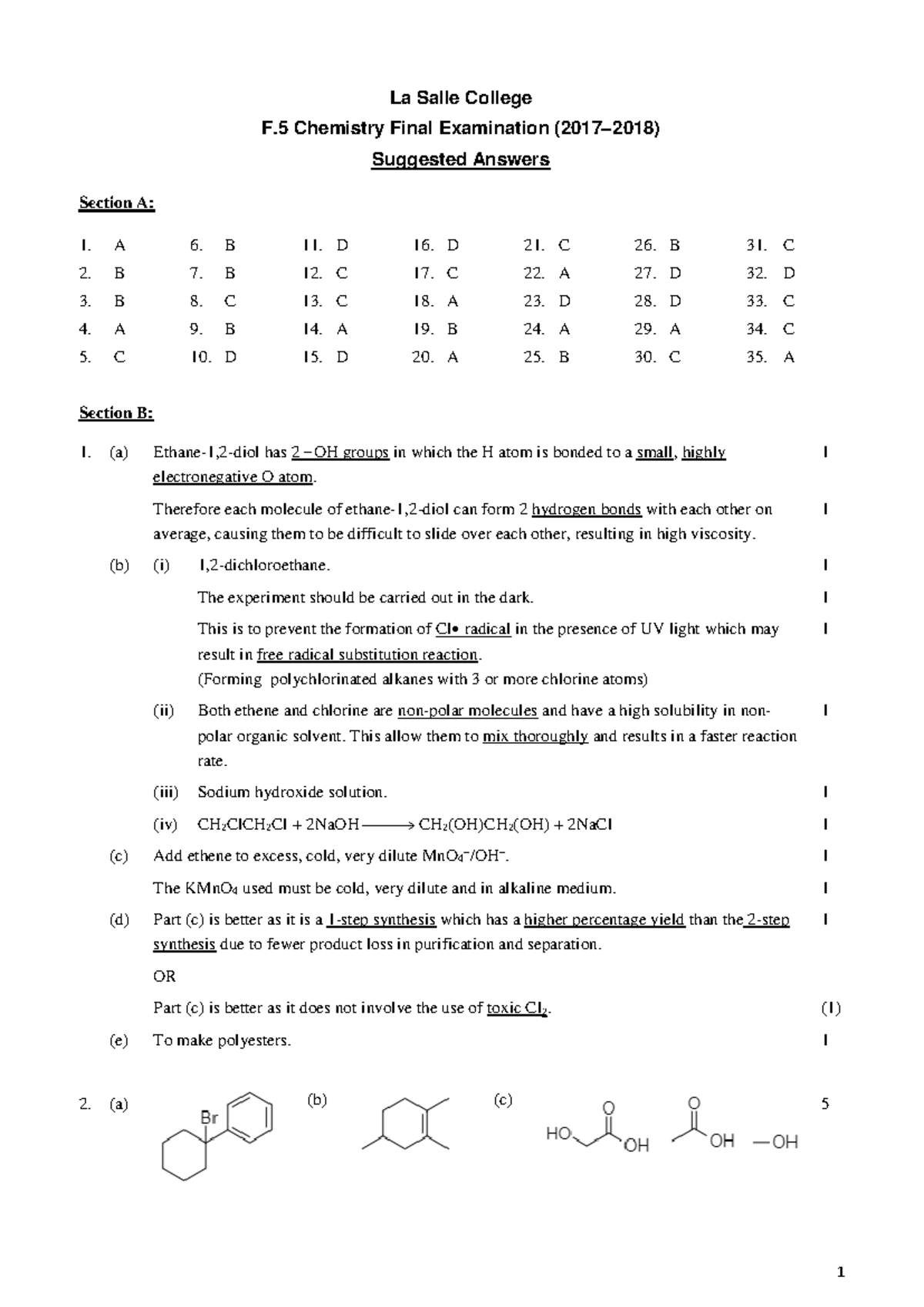 F.5 Chemistry Final Exam Suggested Answers - La Salle College - Studocu