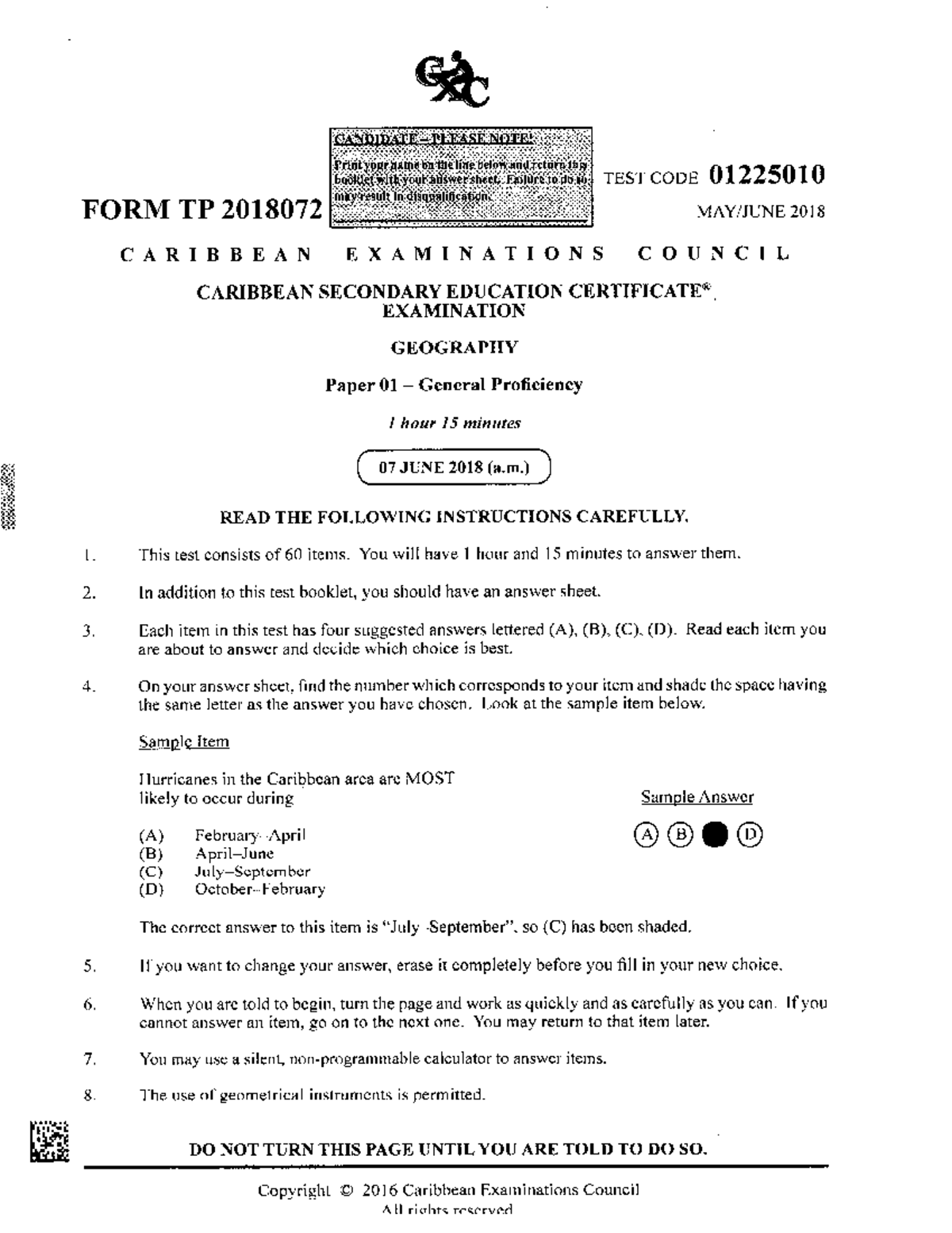 CSEC Geography Paper 01 General Proficiency Exam 2018 - Test Code ...
