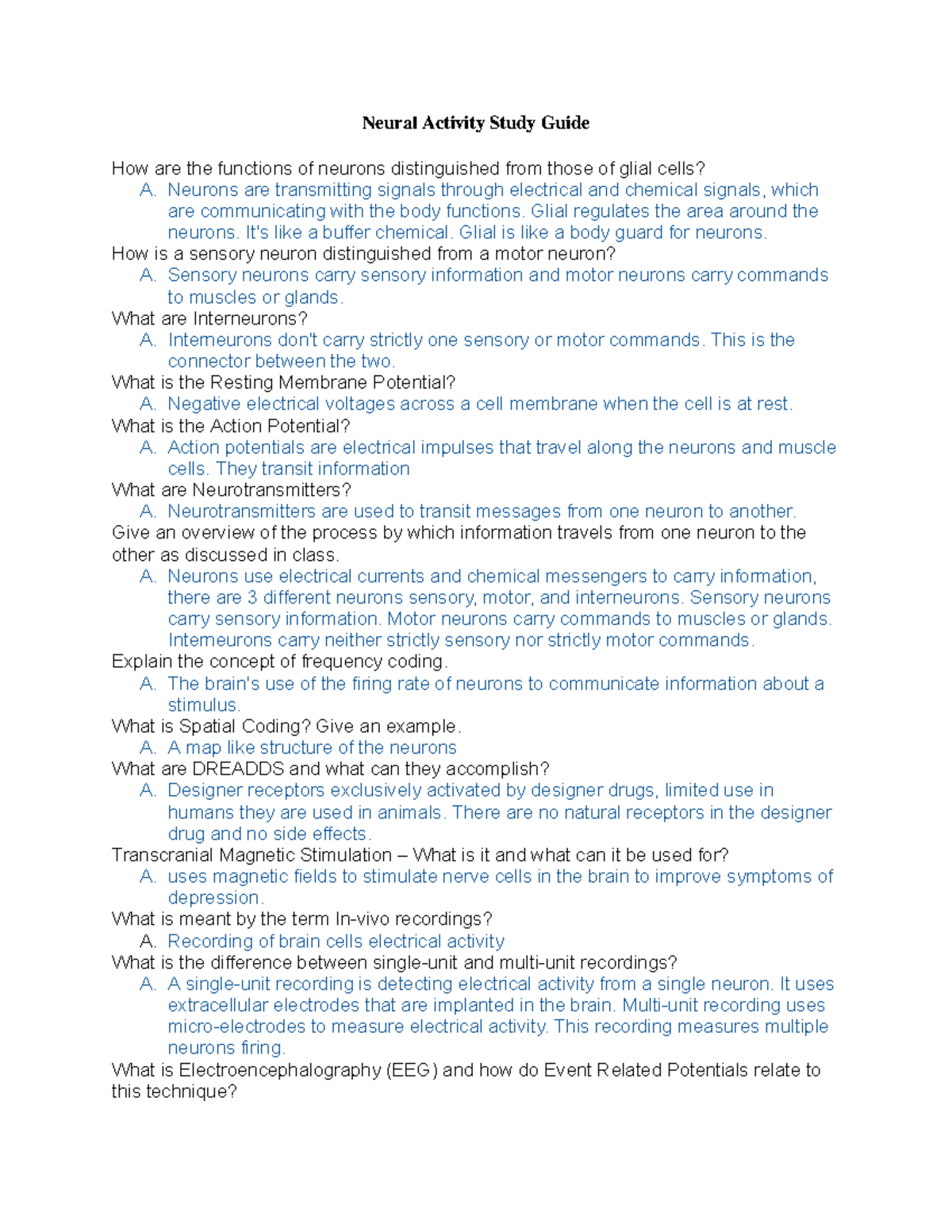 Neural Activity Study Guide for Neurobiology (Course Code) - Studocu