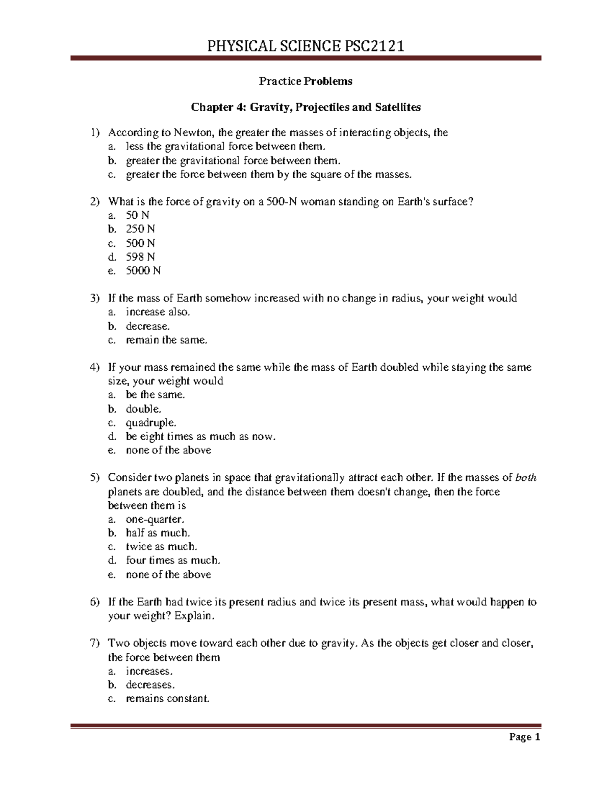 Physical Science Practice Problems - PSC2121: Gravity & Projectiles ...