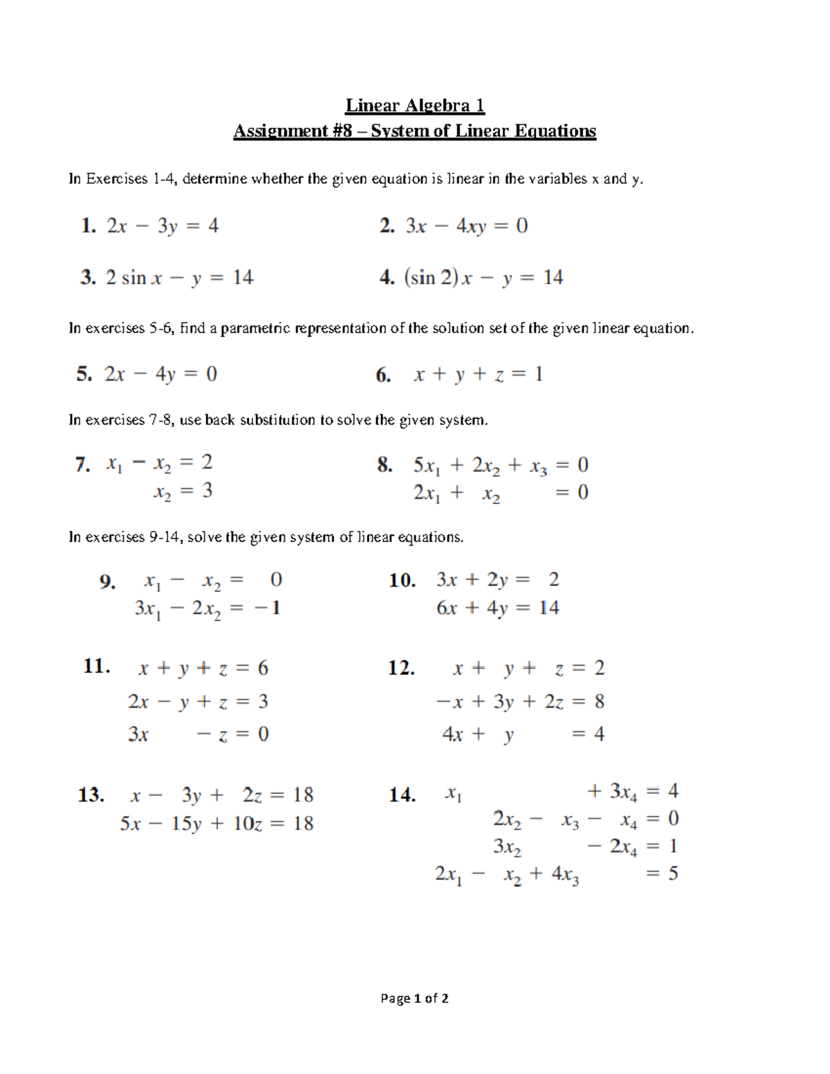 Assignment 8 - System of Linear Equations - Page 1 of 2 Linear Algebra ...