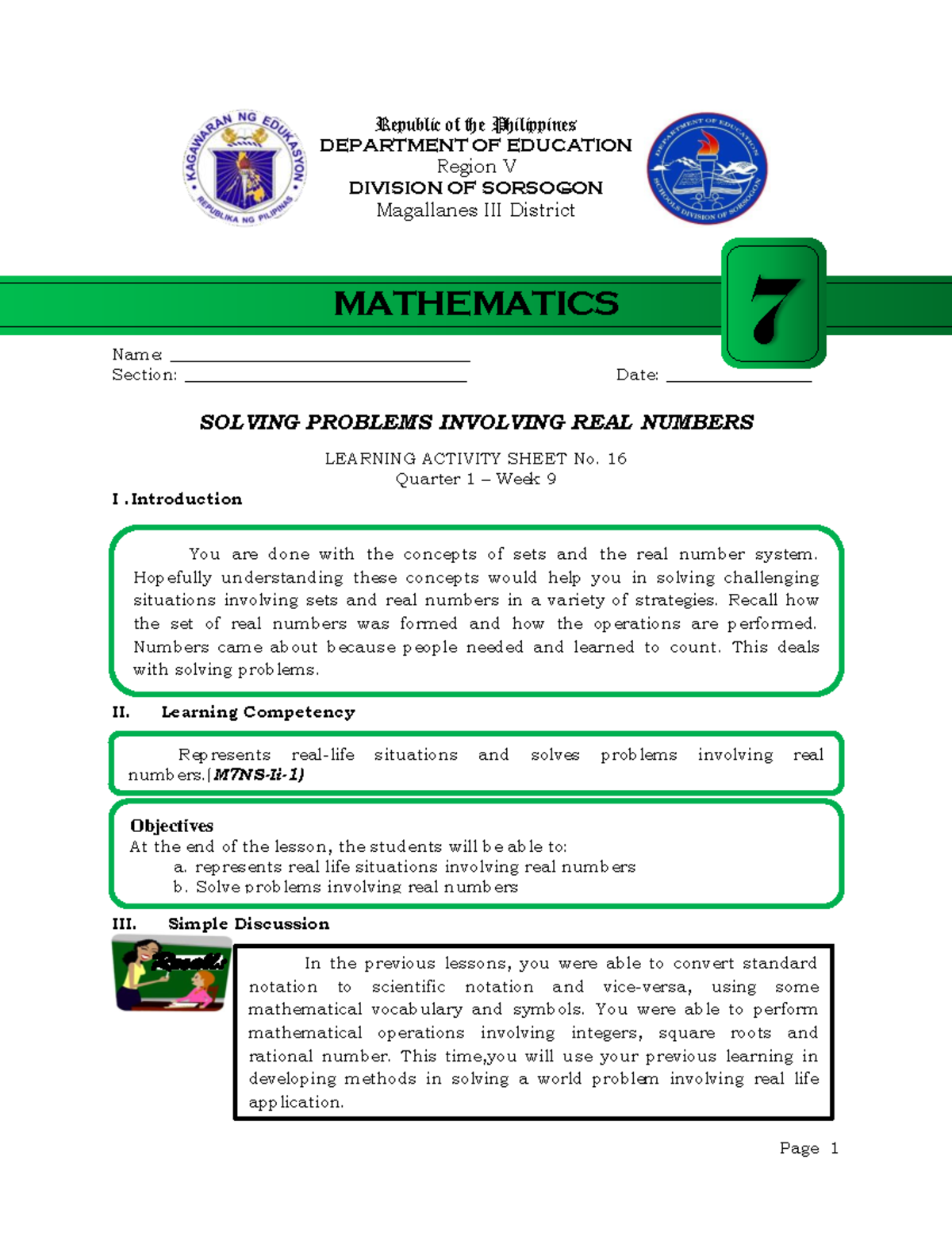 Math 7 LAS 16 - Q1 - Week 9 - Real Number Problem Solving - Studocu