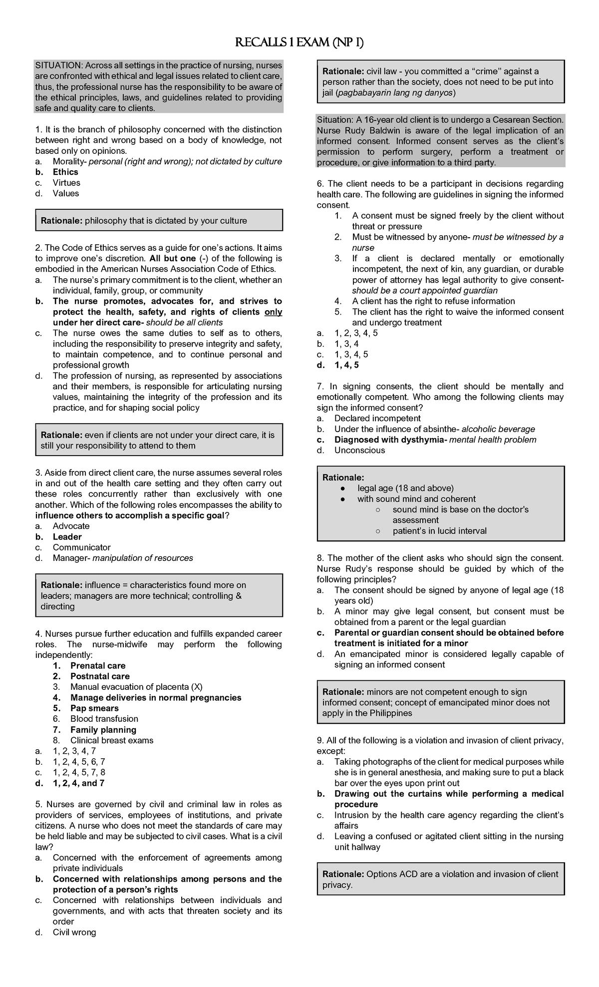 NP-I-1 - Nursing Ethical & Legal Issues Practice Exam - Studocu