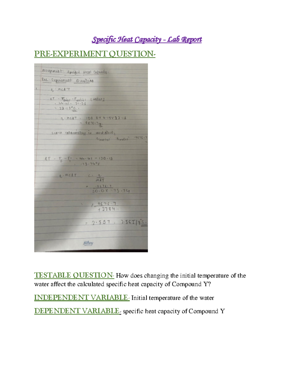 Specific Heat Capacity Lab Report: Effect of Water Temp on Compound Y ...