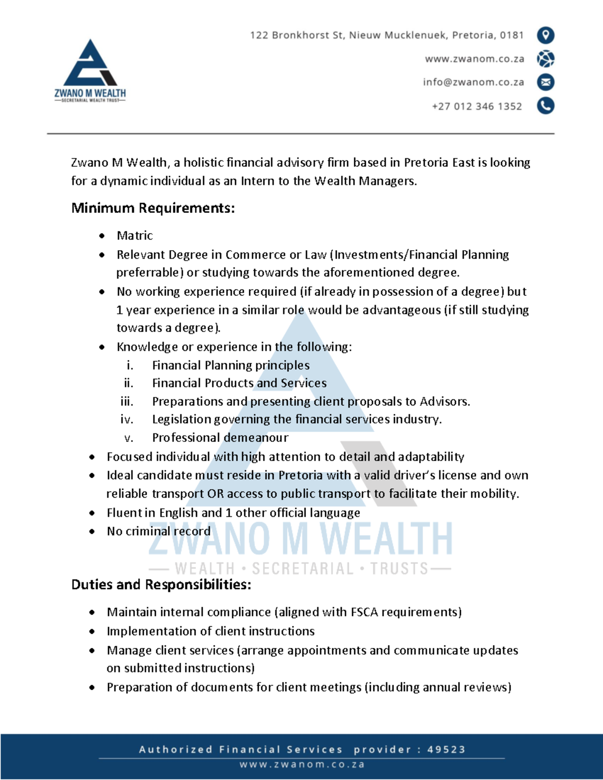 Wealth Administrator Intern Position at Zwano M Wealth - Pretoria - Studocu