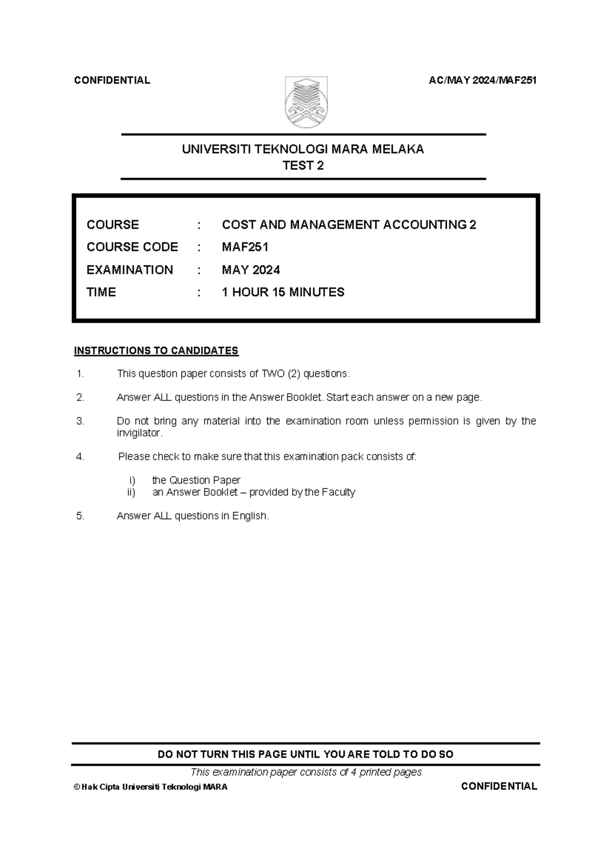 MAF251 Test 2: Cost & Management Accounting Exam Paper - May 2024 - Studocu