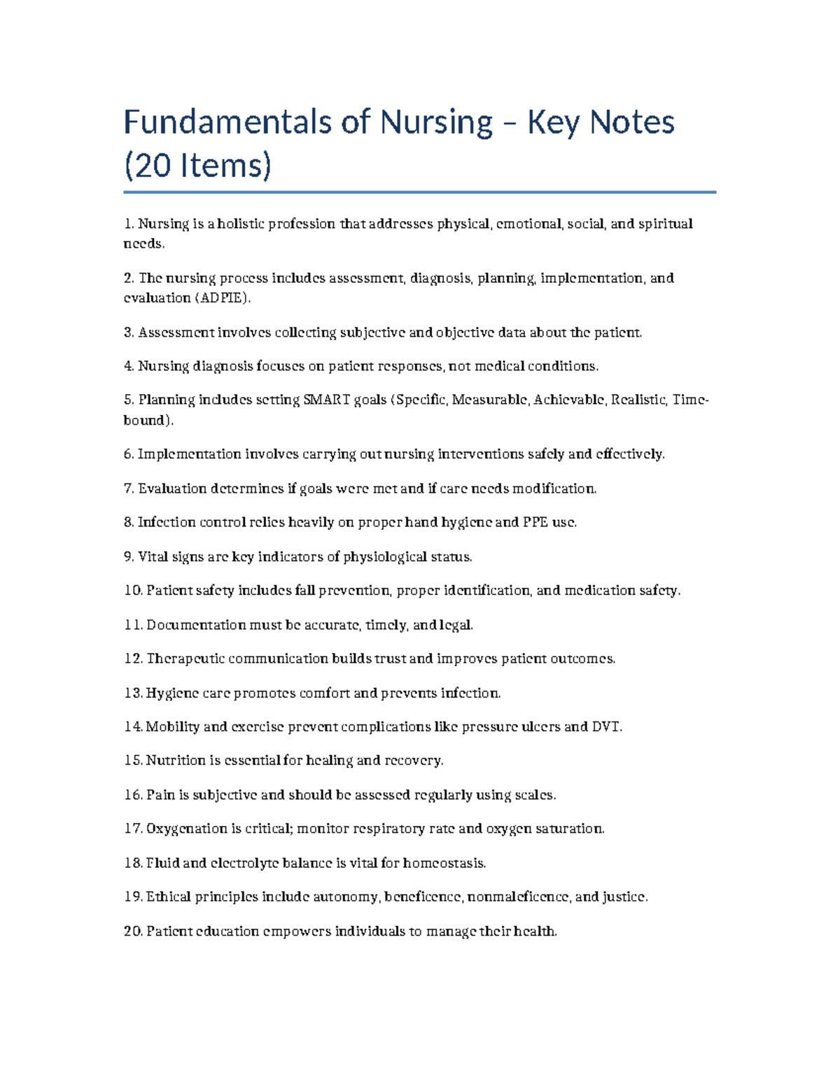 NUR 101: Key Notes on Nursing Fundamentals (20 Essential Items) - Studocu