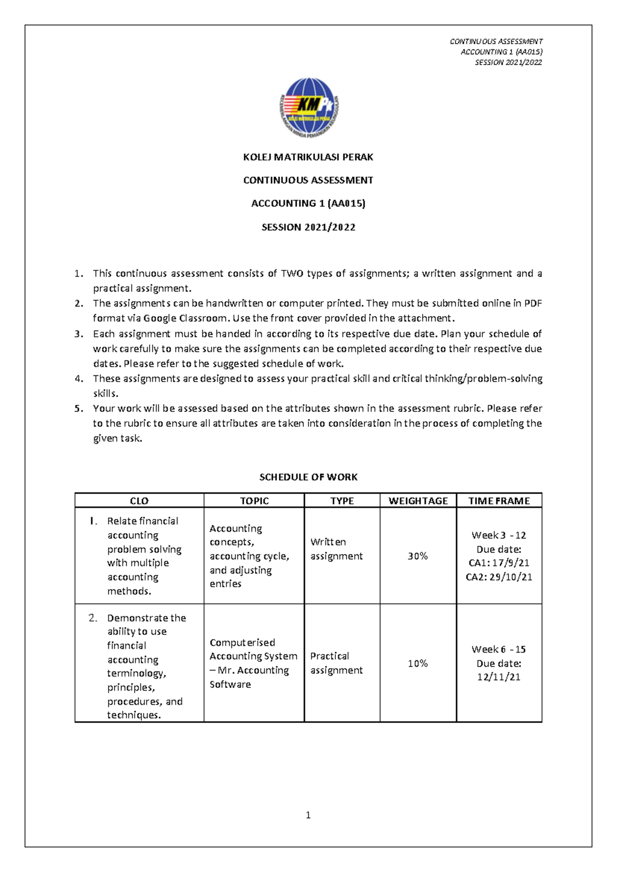 Accounting 1 (AA015) Continuous Assessment Details 2021/22 - Studocu