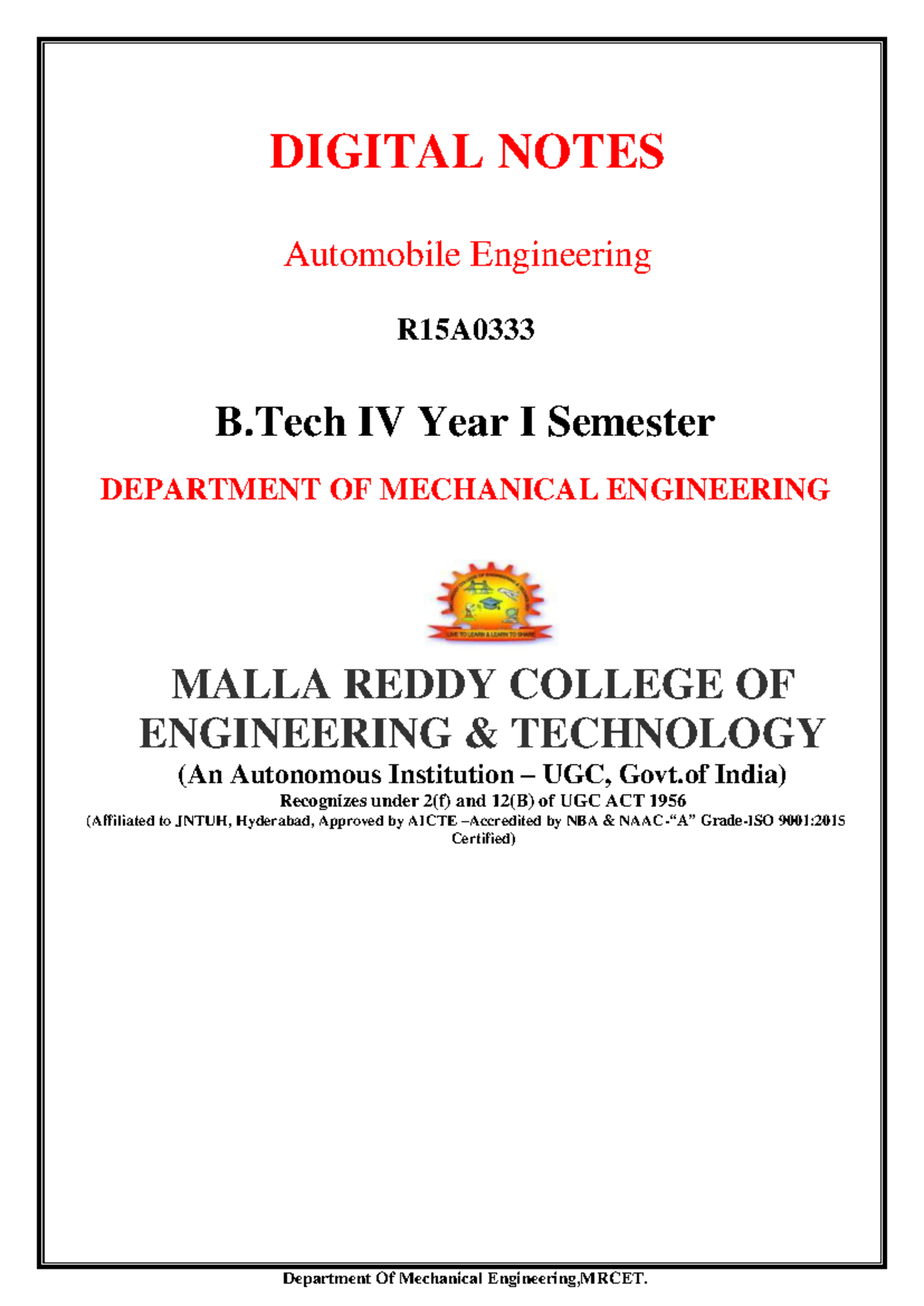 Automobile Engineering IV B.Tech R15 Lecture Notes - Studocu