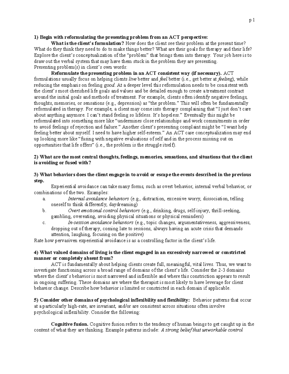 ACT Case Conceptualization Outline: Understanding Client Challenges and ...