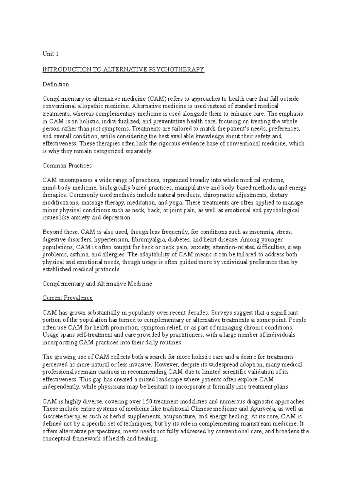 Alternative Psychotherapy: An Overview of CAM Practices (Sem 3) - Studocu