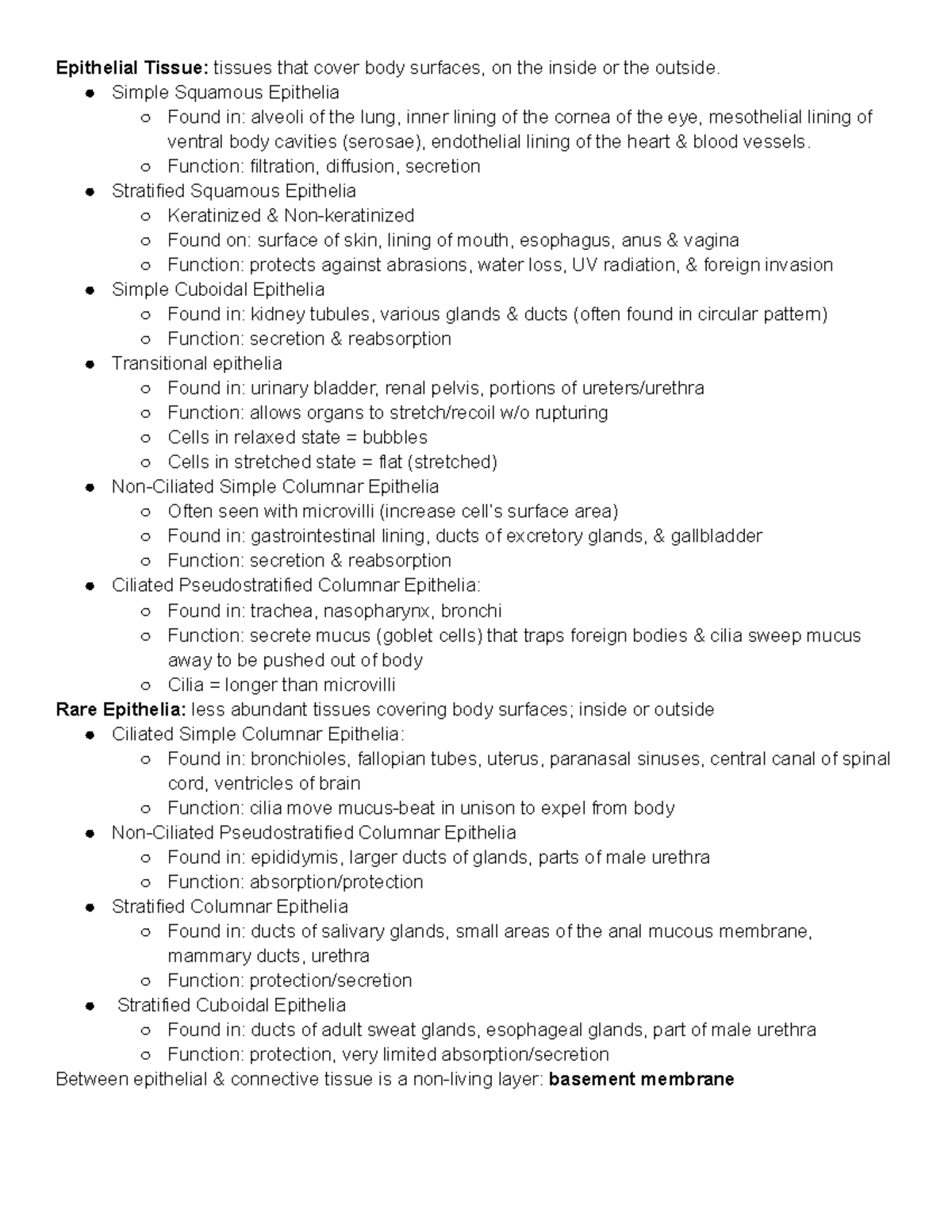 UNL BIOS 214 LAB Practical 1: Summary of Epithelia & Connective Tissues ...