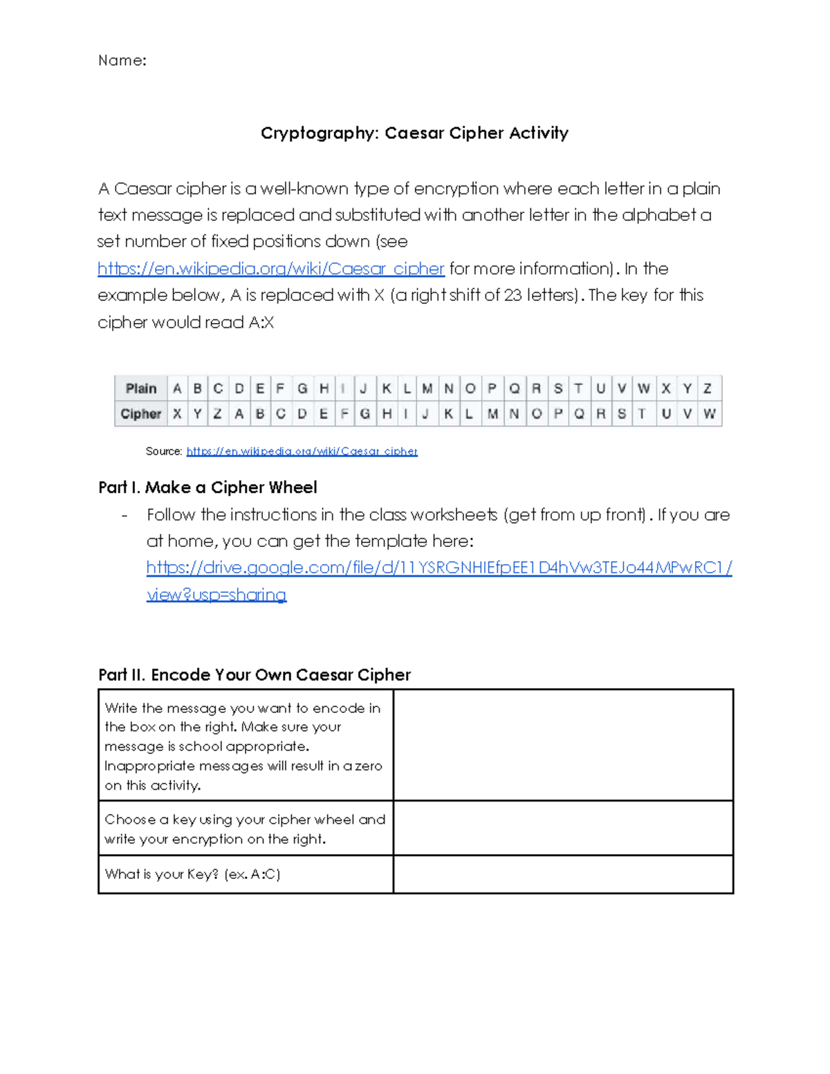 Cryptography: Caesar Cipher Activity Guide - Studocu