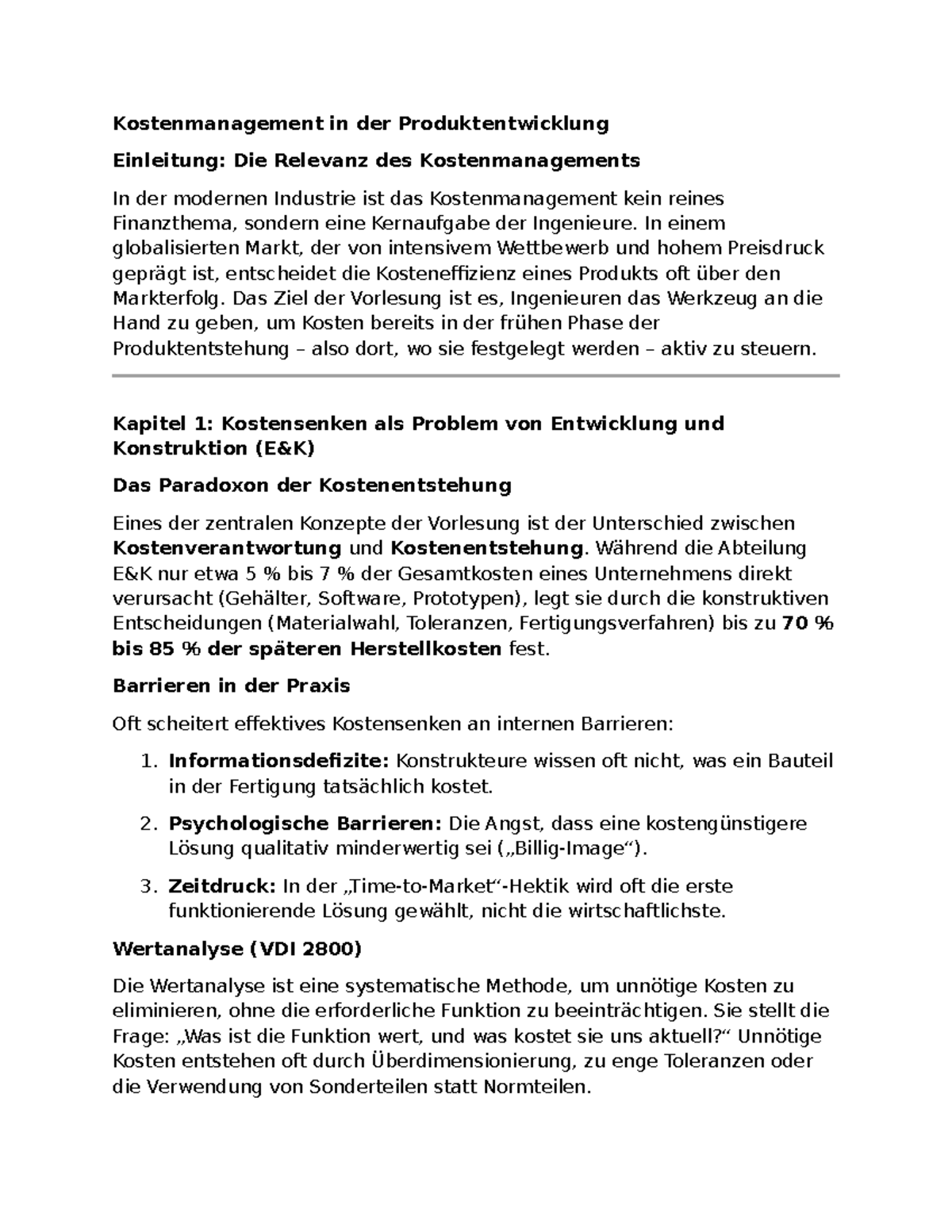 Kostenmanagement in der Produktentwicklung: Zusammenfassung und - Studocu