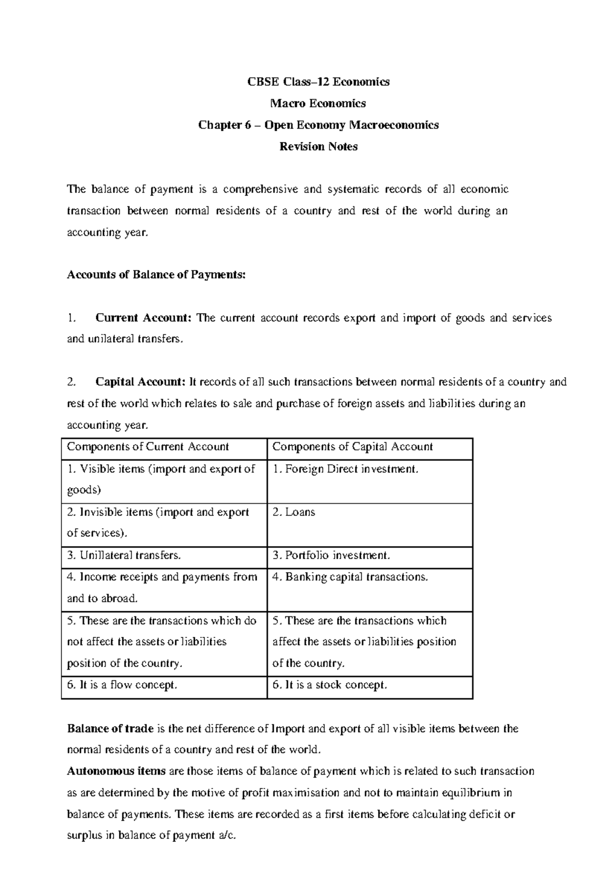 CBSE Economics Macro Economics Chapter 6 Revision Notes on Open Economy ...