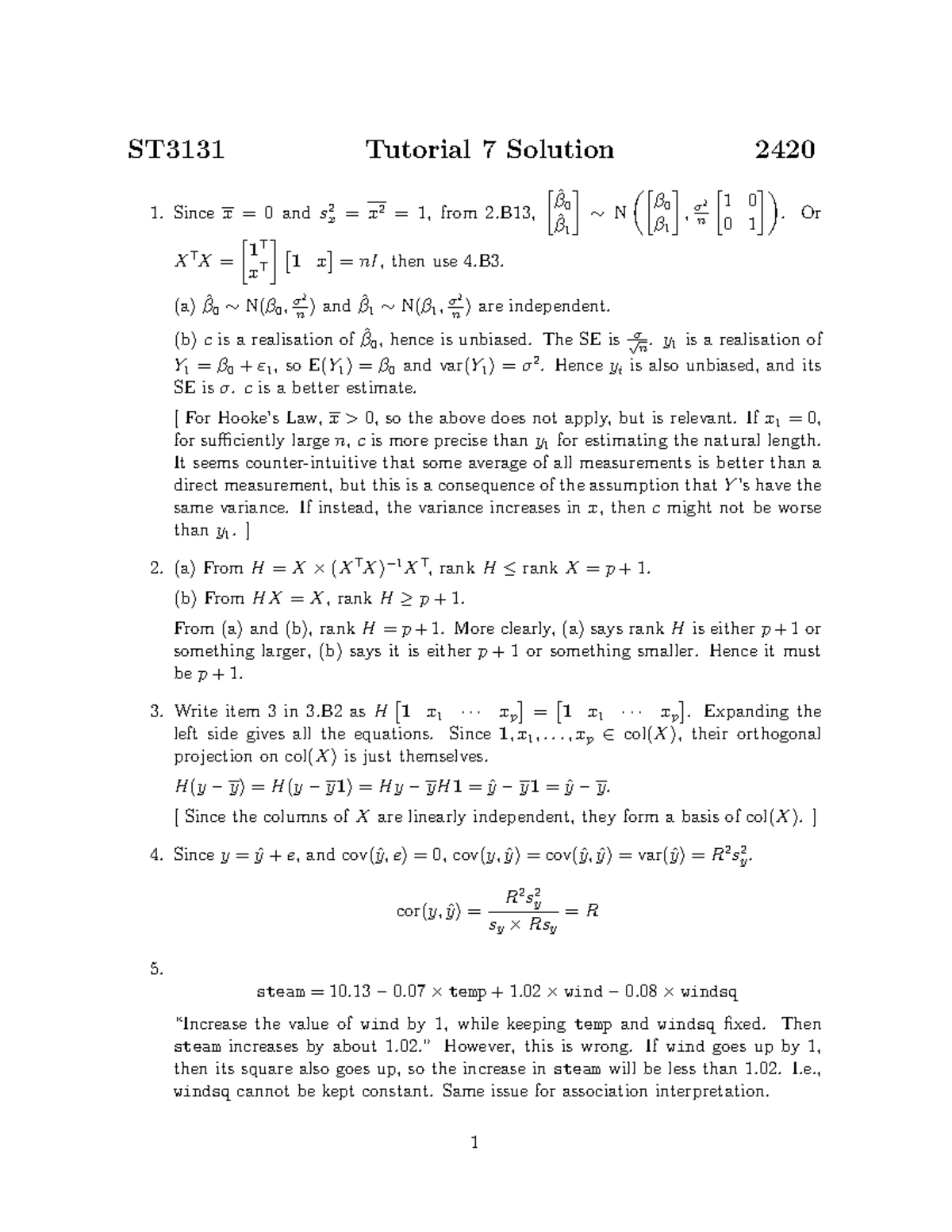 ST3131 Tutorial 7 Solutions and Analysis of Statistical Concepts - Studocu