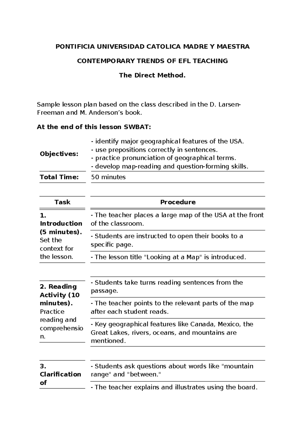 Sample Lesson Plan Using the Direct Method: EFL Class Plan - Studocu