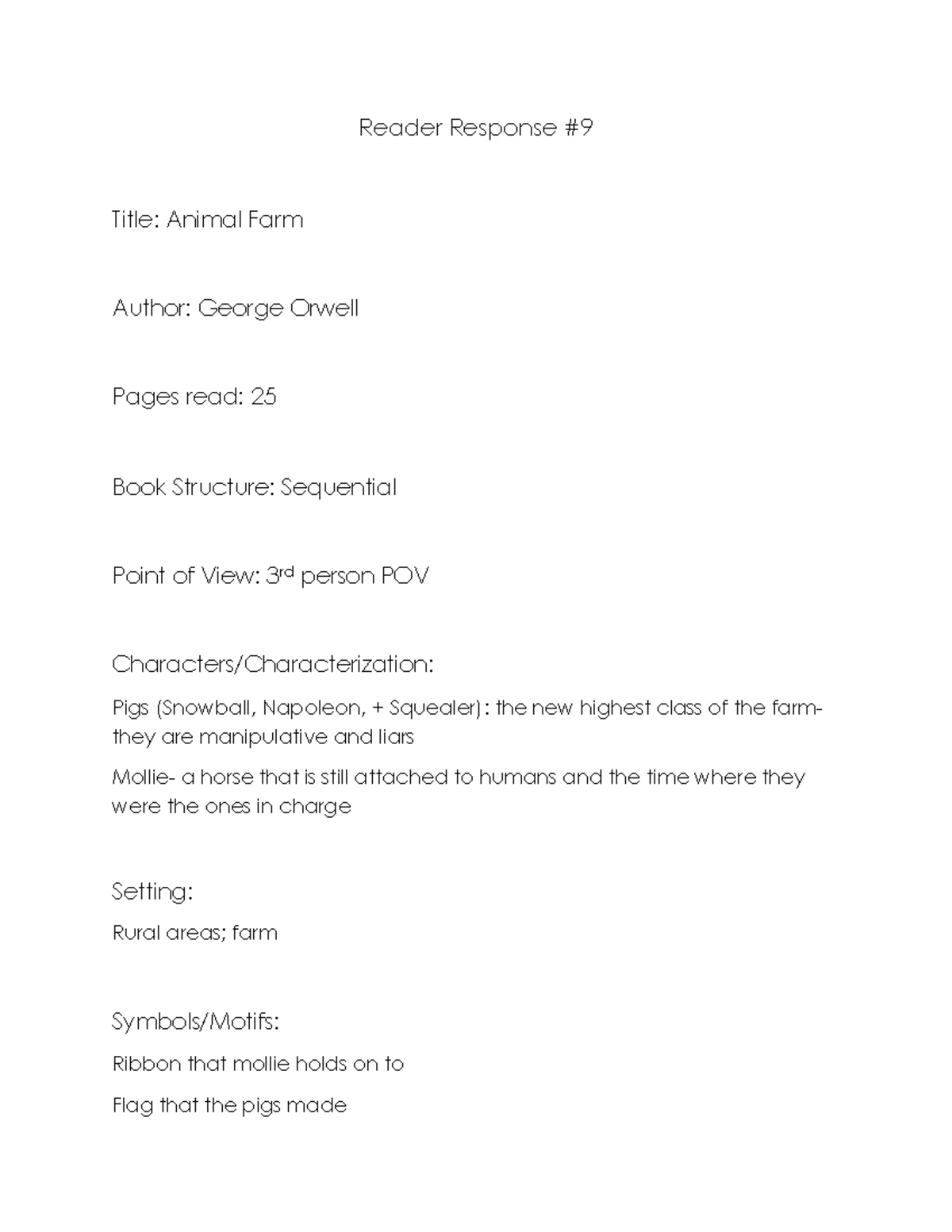 Reader Response #9 - Writing - English - Reader Response # Title ...