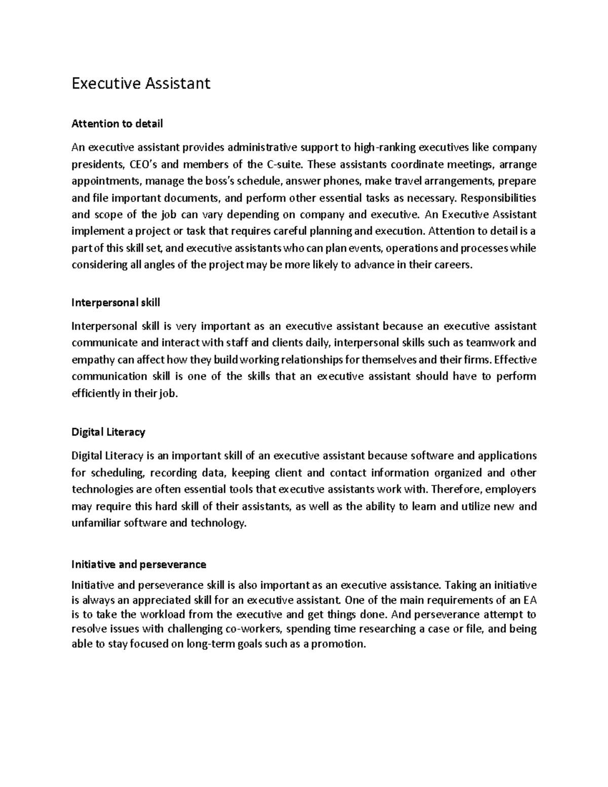 Job Analysis Competencies - Executive Assistant Attention to detail An ...