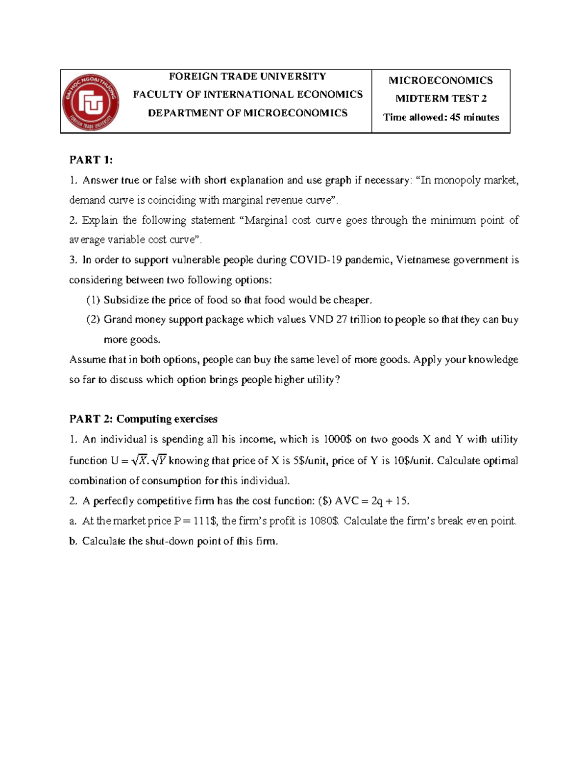 Microeconomics Midterm Mock Test 2 - Foreign Trade University - Studocu