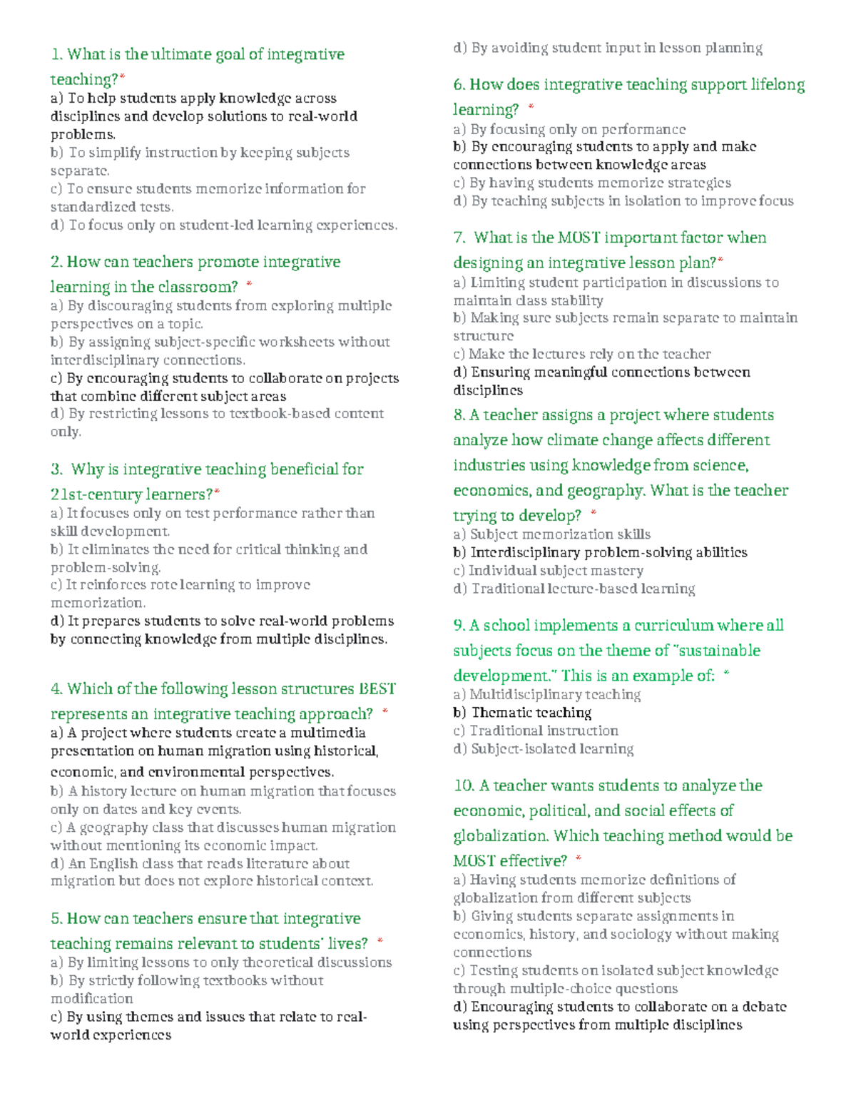 Mock Exam on Integrative Teaching Strategies - Course Code: EDU 101 ...