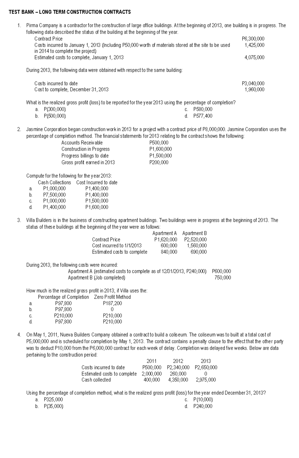 TEST BANK - LTCC: Long Term Construction Contracts Analysis - Document Preview