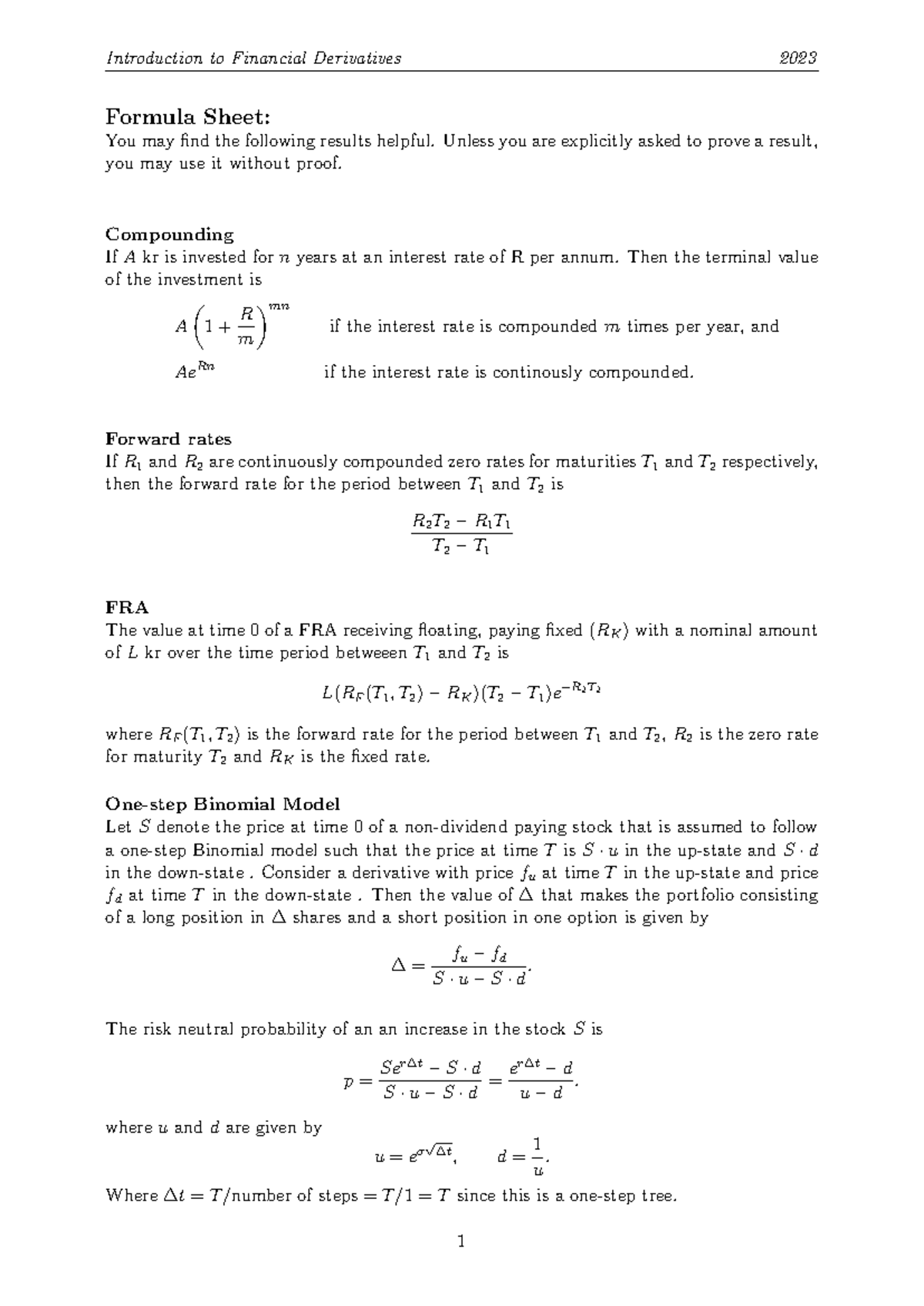 Formula Sheet for Financial Derivatives VT 23 - Studocu
