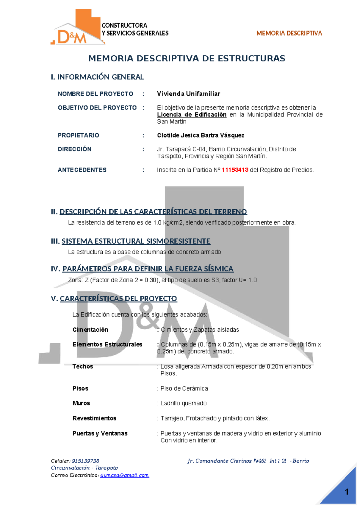 Memoria Descriptiva de Estructuras para Proyecto Vivienda Unifamiliar ...