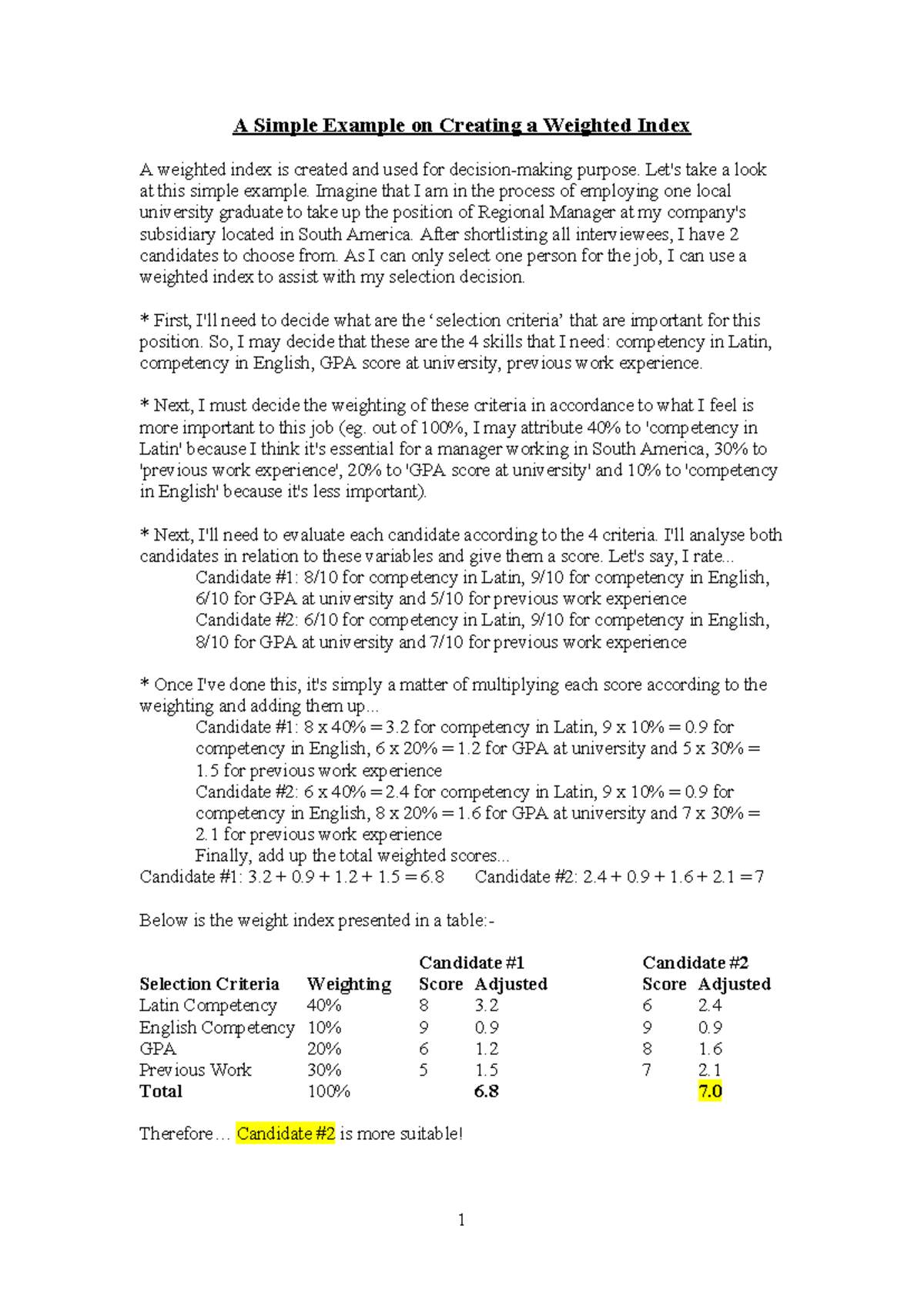 Assessment #2 (Weighted Index Example 1) - Candidate Selection Analysis ...