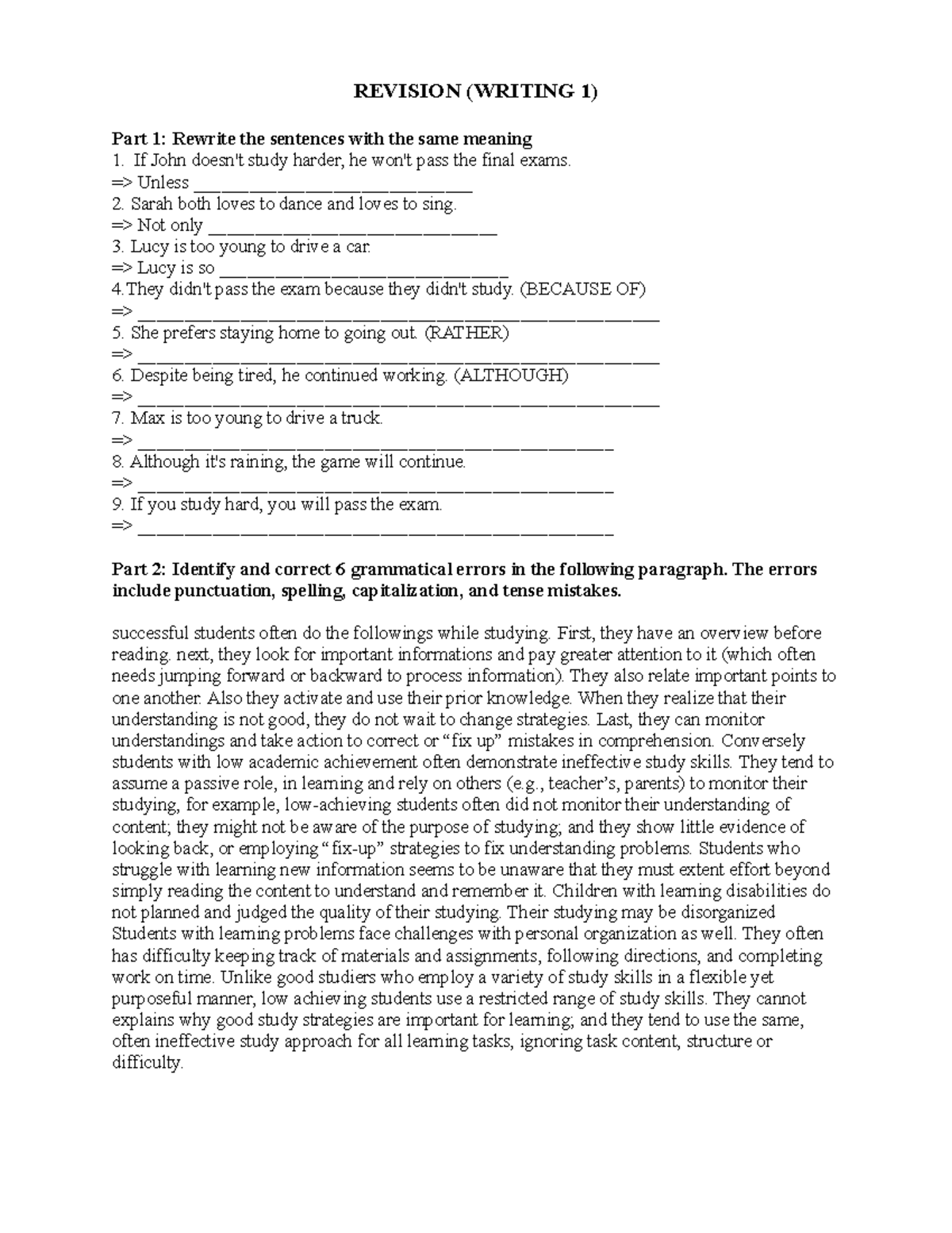 Revision Writing 1: Sentence Rewriting & Grammar Correction - Studocu