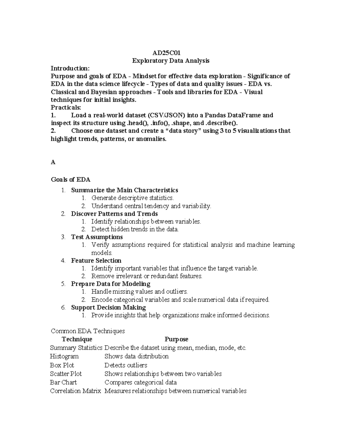 AD25C01 Unit 1 - Exploratory Data Analysis Notes and Techniques - Studocu