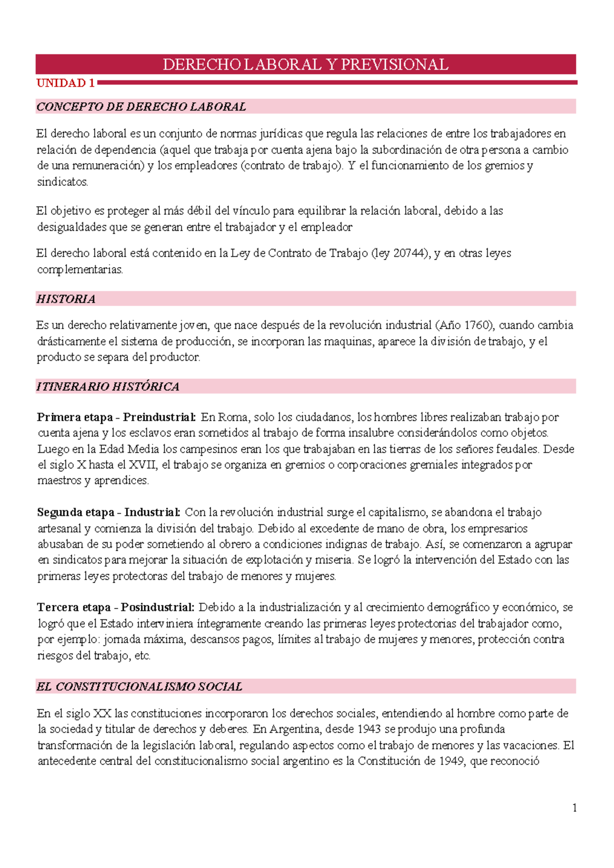 DERECHO LABORAL Y PREVISIONAL: UNIDAD 1 - CONCEPTOS Y PRINCIPIOS - Studocu