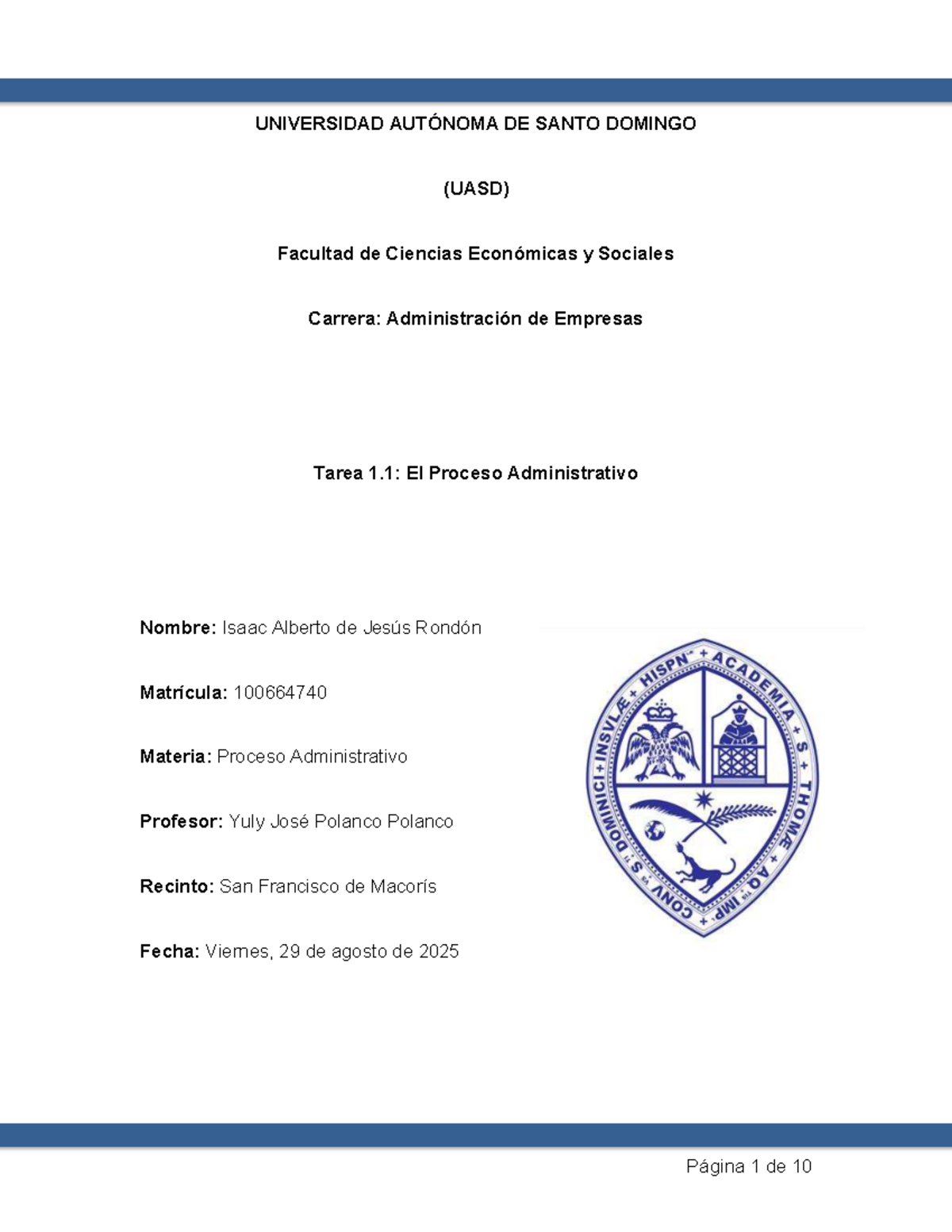 Tarea 1.1: El Proceso Administrativo - UASD - Isaac Rondon - Studocu