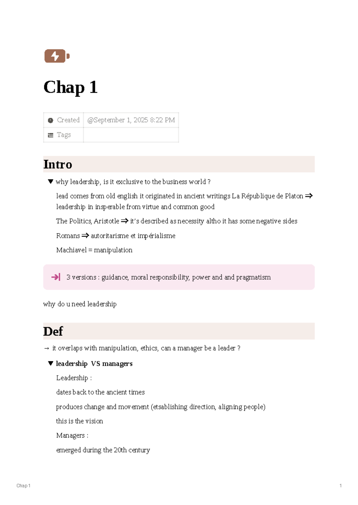 Leadership Course Notes: Chapter 1 Overview and Key Concepts - Studocu