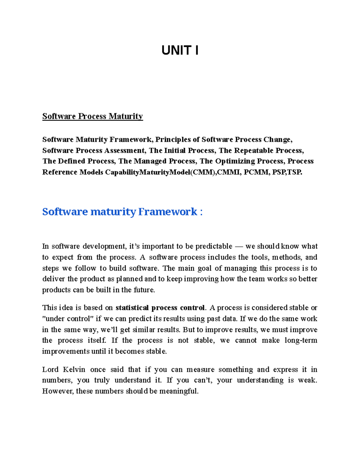 SPPM Unit I: Software Process Maturity and Improvement Framework - Studocu