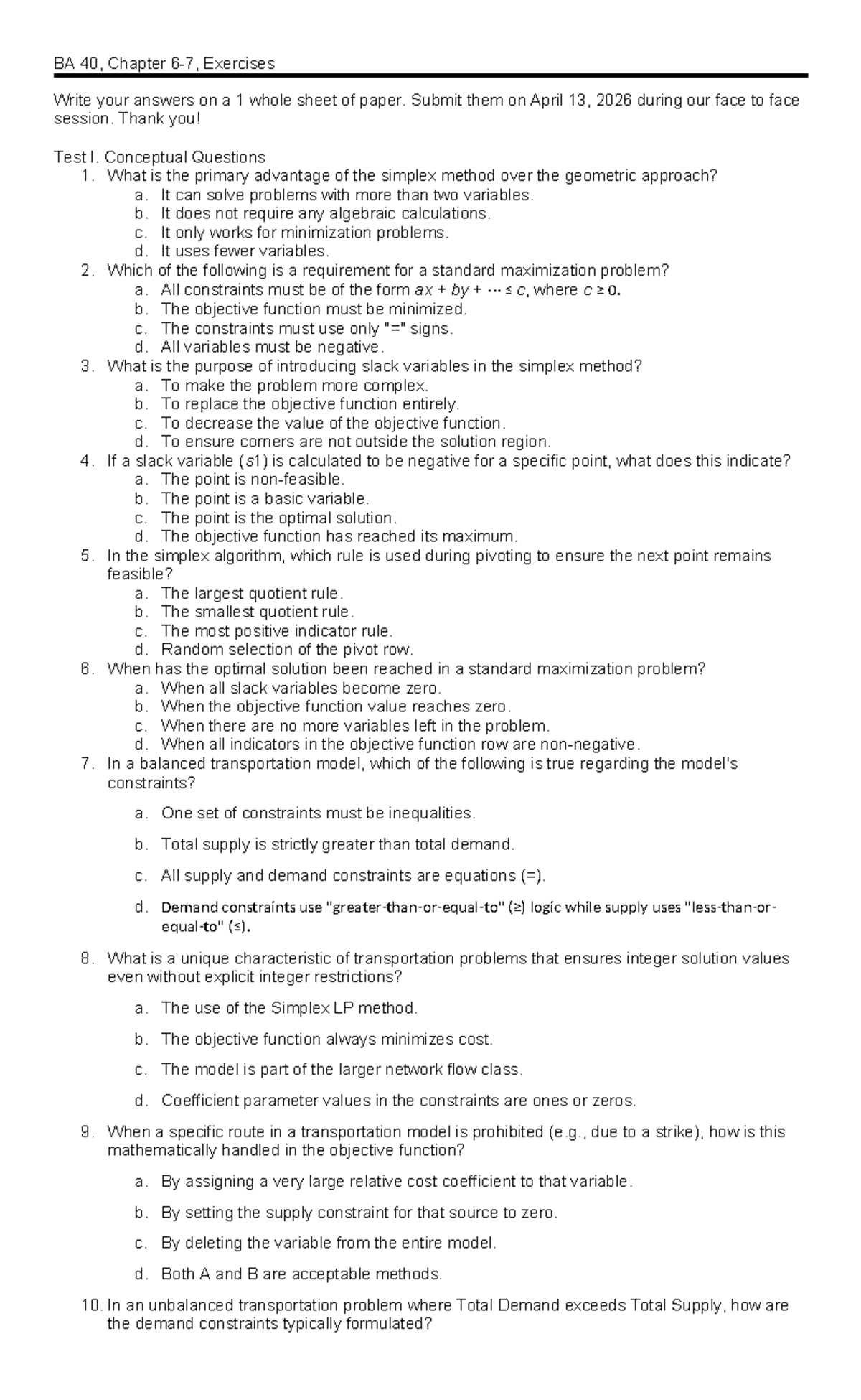 BA 40, Chapter 6-7 Exercises: Simplex Method & Transportation Model ...