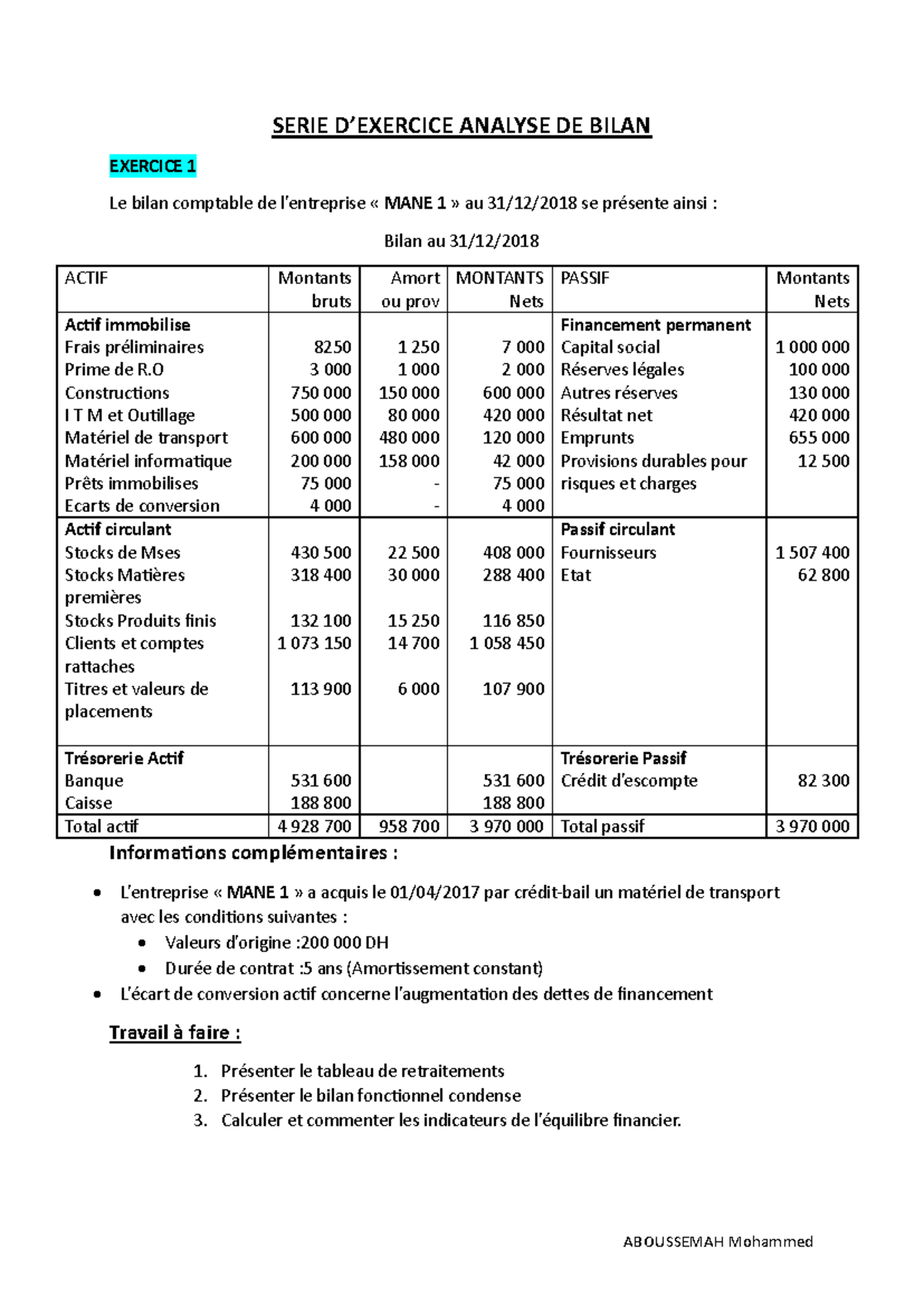 Analyse Financière Bilan TD - Édition d - Document Preview