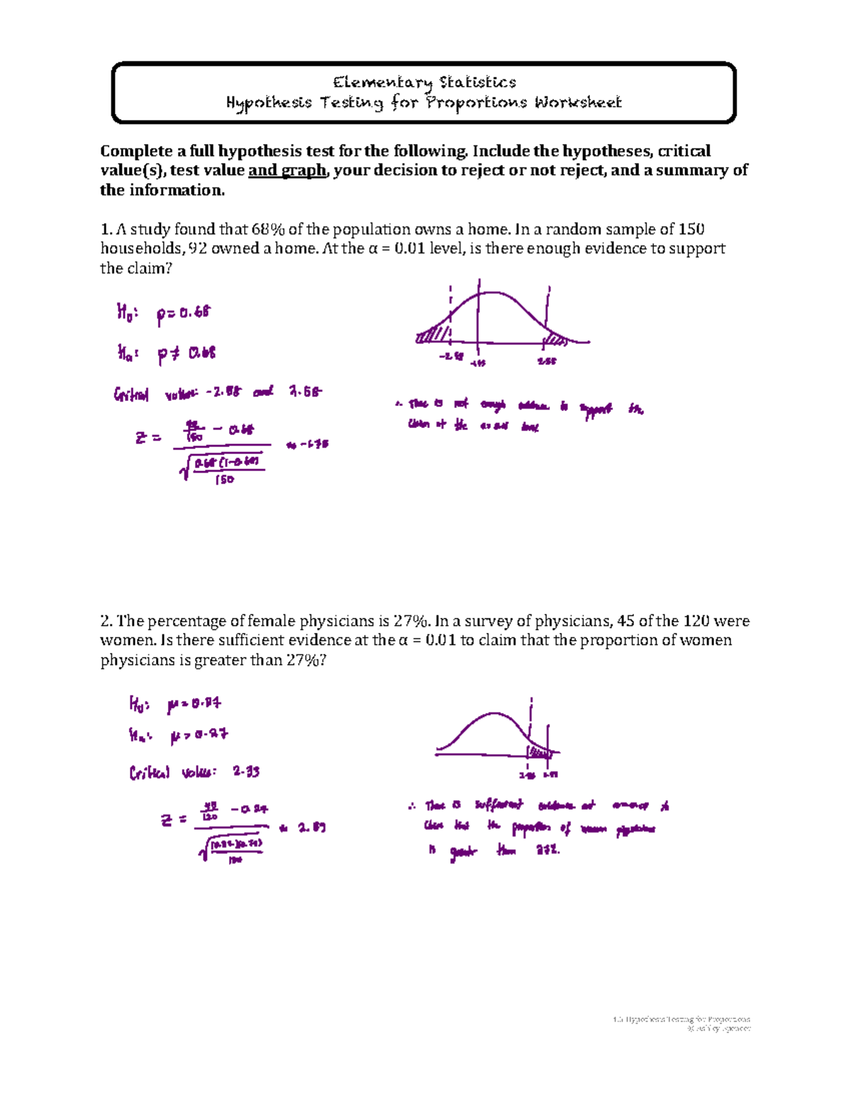Elementary Statistics (STAT101) Hypothesis Testing for Proportions ...